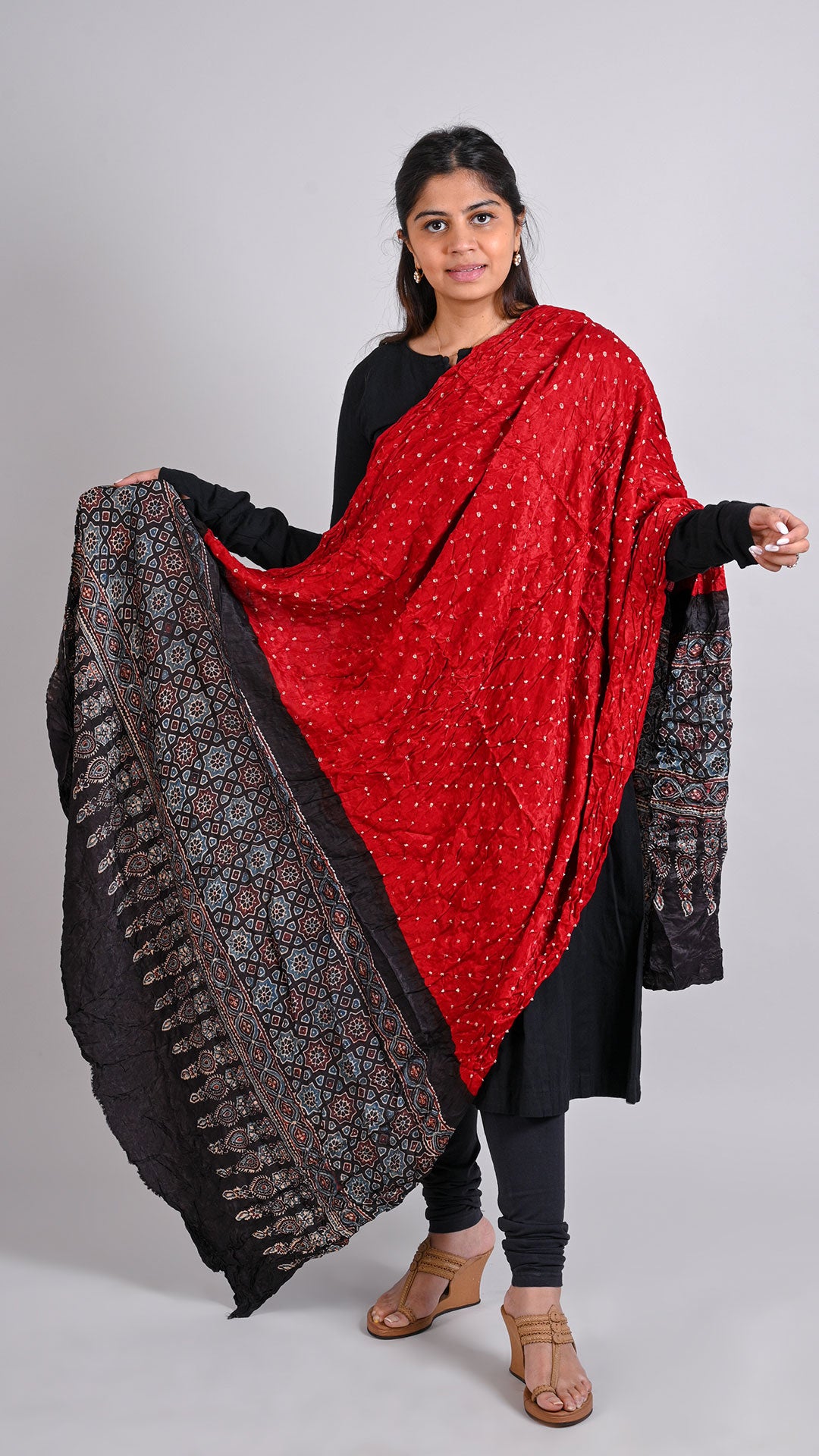 Red Bandhani Ajrakh Dupatta In Modal Silk