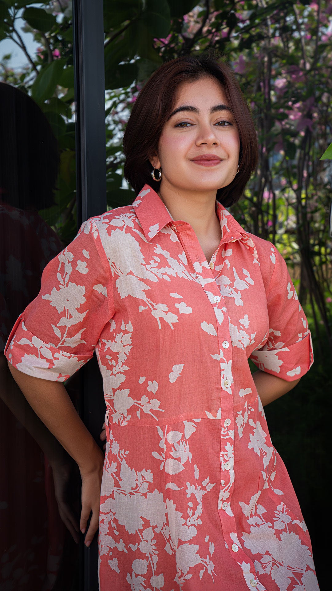 Koel Mul Cotton Shirt Dress - Coral Peach