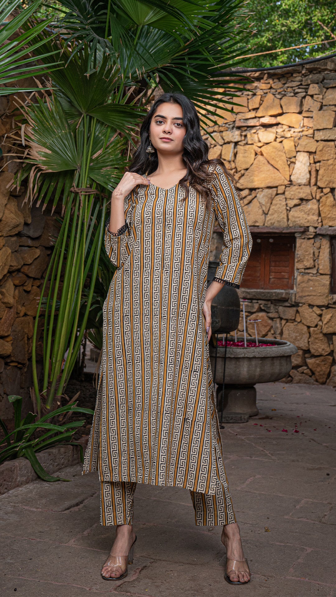 Tanya Bagru Cotton Kurta - Mustard/Off White