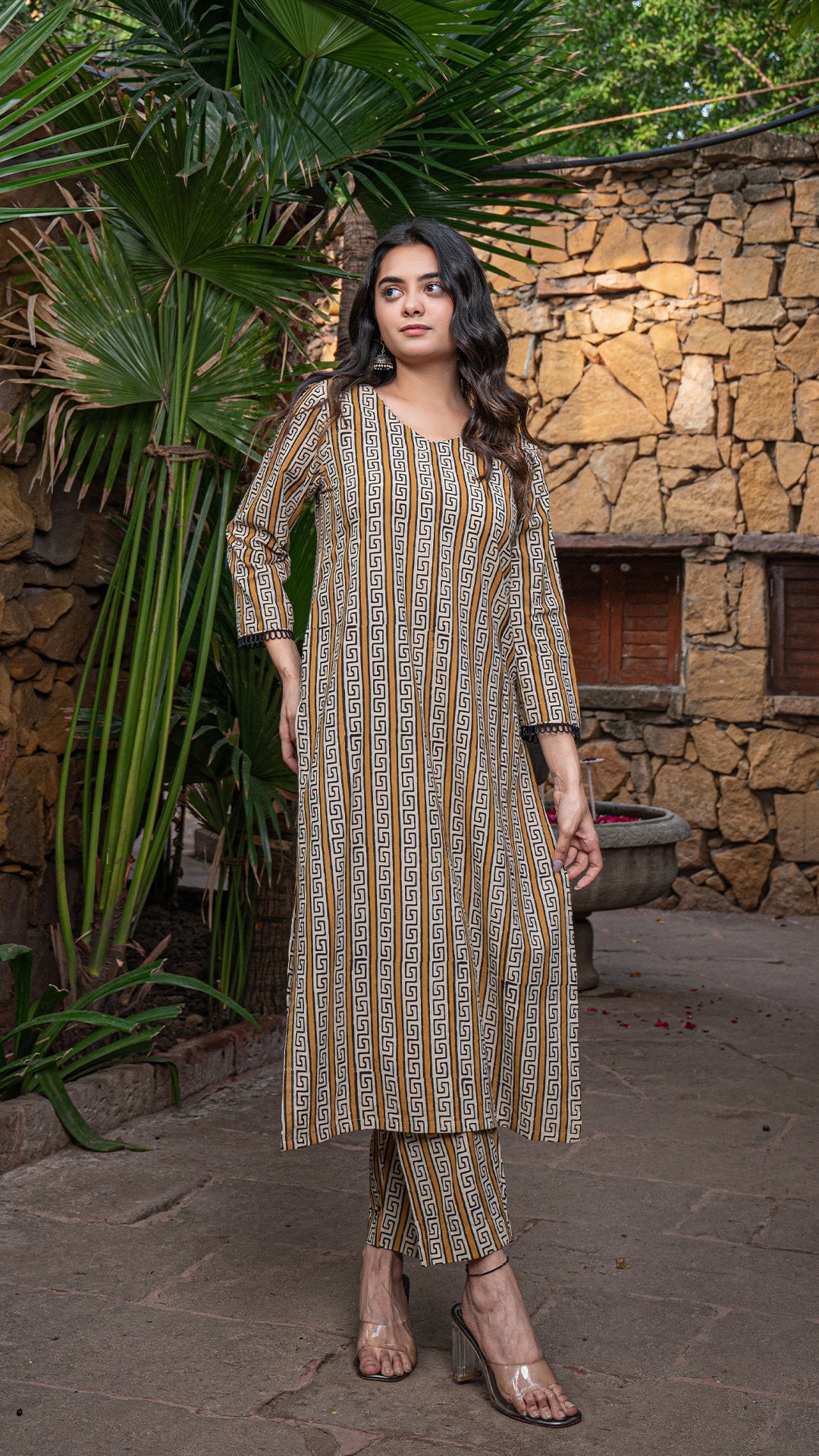 Tanya Bagru Cotton Kurta - Mustard/Off White