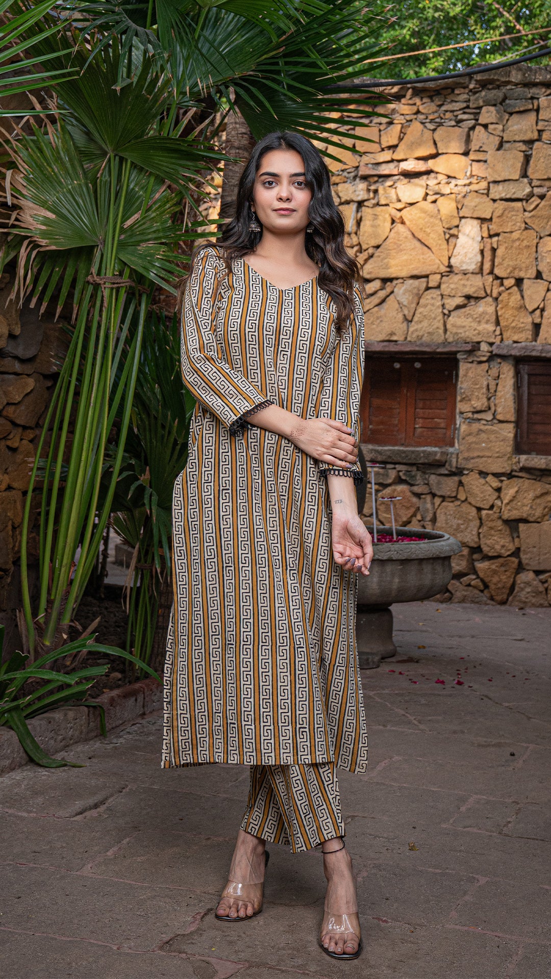 Tanya Bagru Cotton Kurta - Mustard/Off White