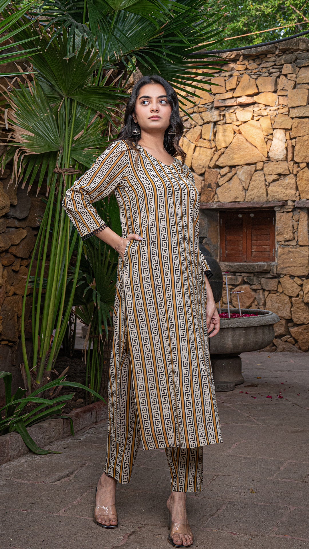 Tanya Bagru Cotton Kurta - Mustard/Off White