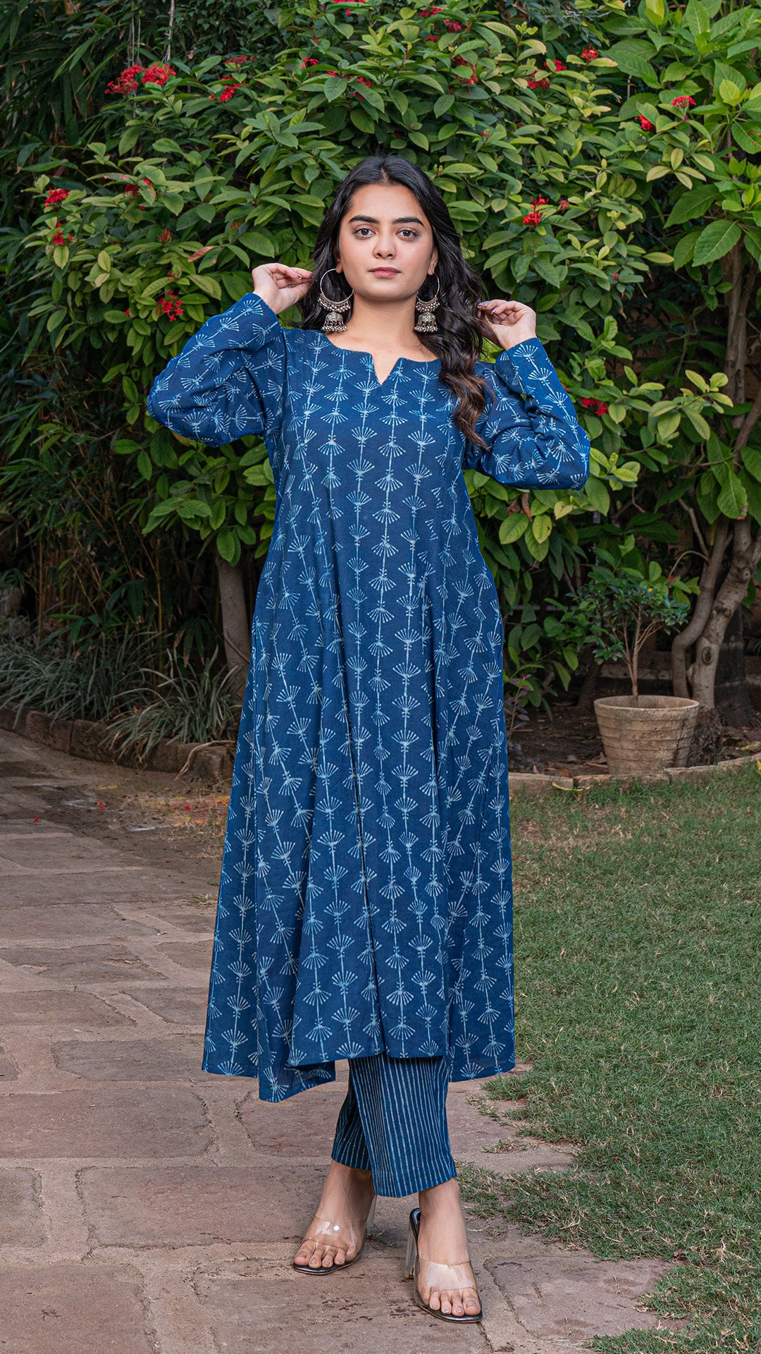 Aachal Dabu Dandelion Block Print Kali Kurta In Cotton