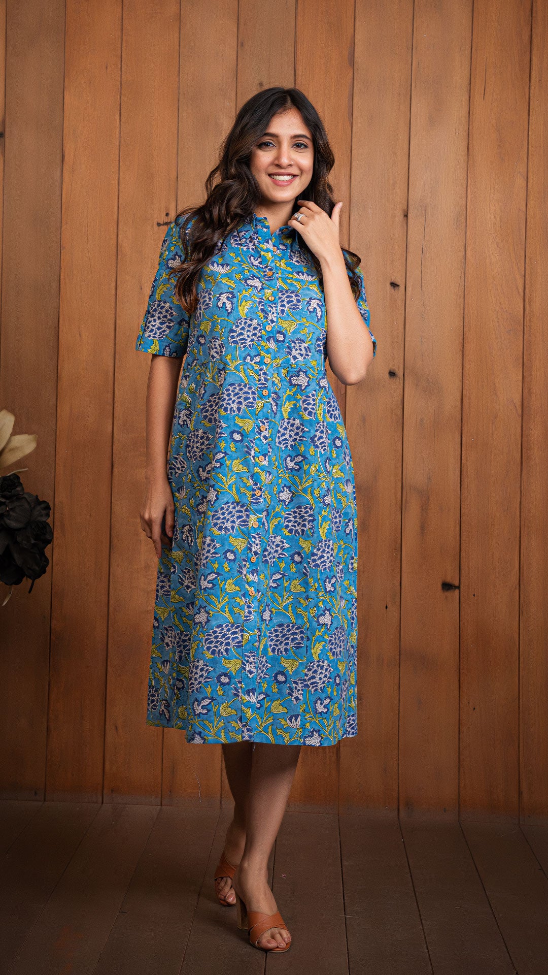 Reha Sanganeri Hand Block Cotton Shirt Dress - Dusty Blue