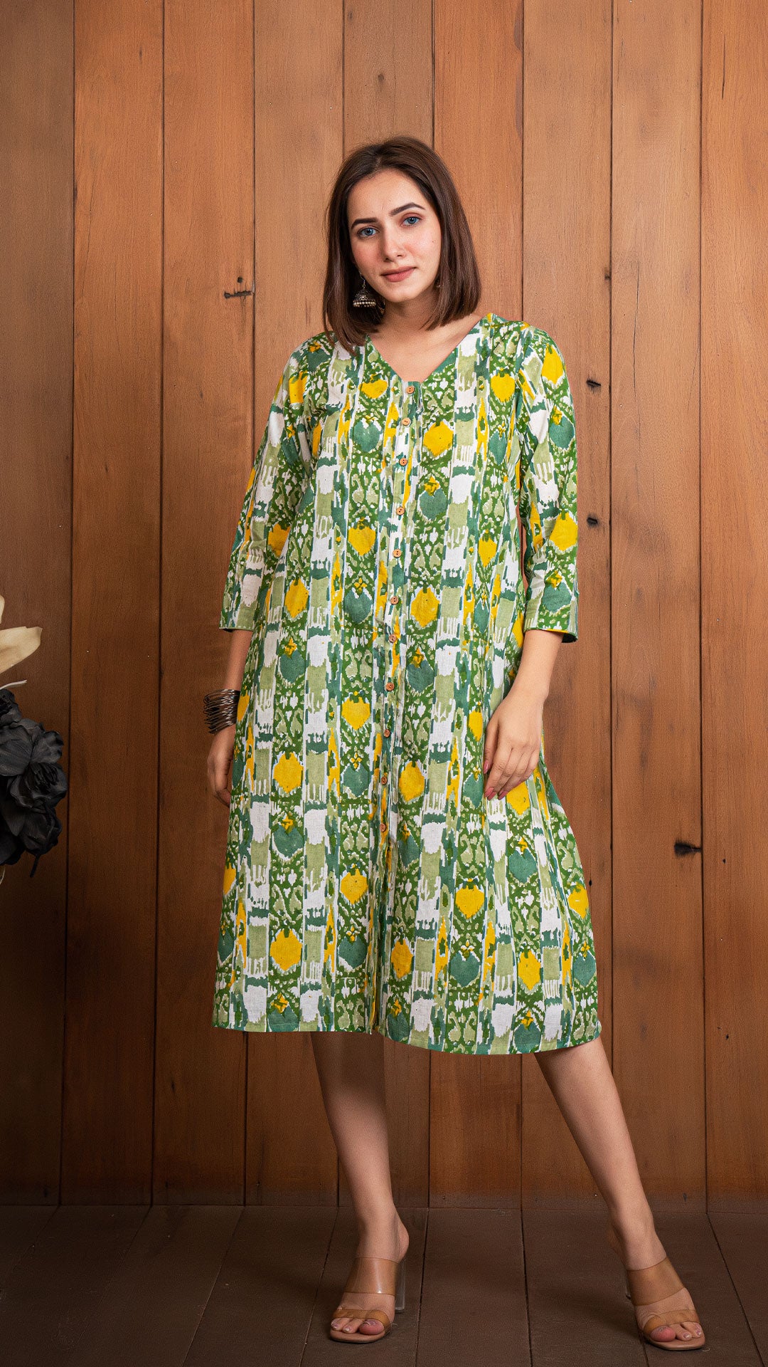 Saloni Sanganeri Hand Block Cotton Shirt Dress - Green