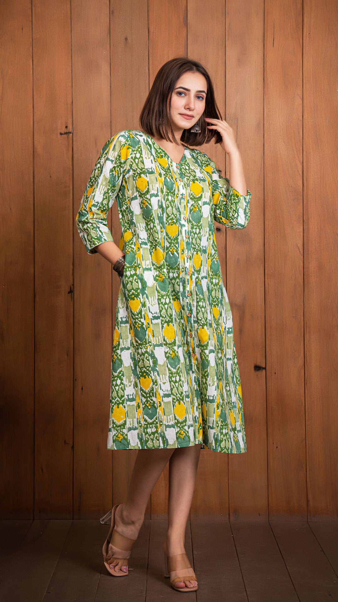 Saloni Sanganeri Hand Block Cotton Shirt Dress - Green