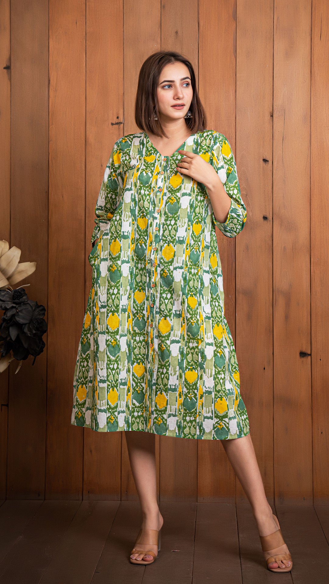 Saloni Sanganeri Hand Block Cotton Shirt Dress - Green