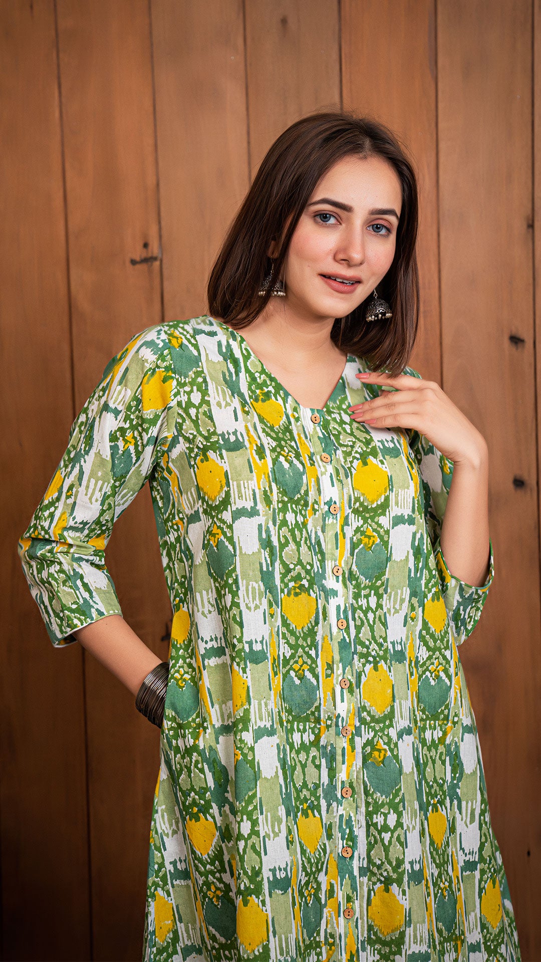 Saloni Sanganeri Hand Block Cotton Shirt Dress - Green