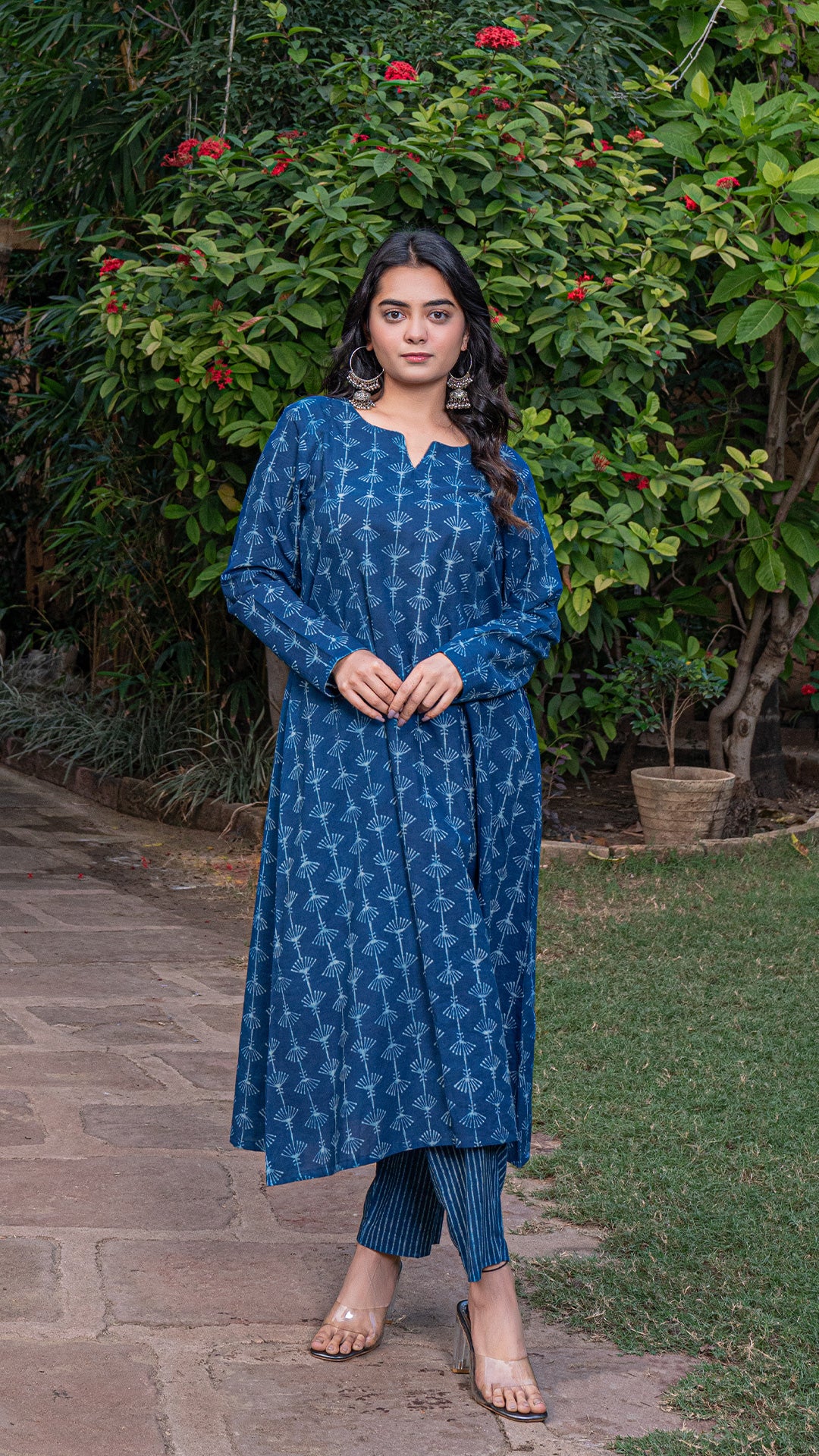 Aachal Dabu Dandelion Block Print Kali Kurta In Cotton