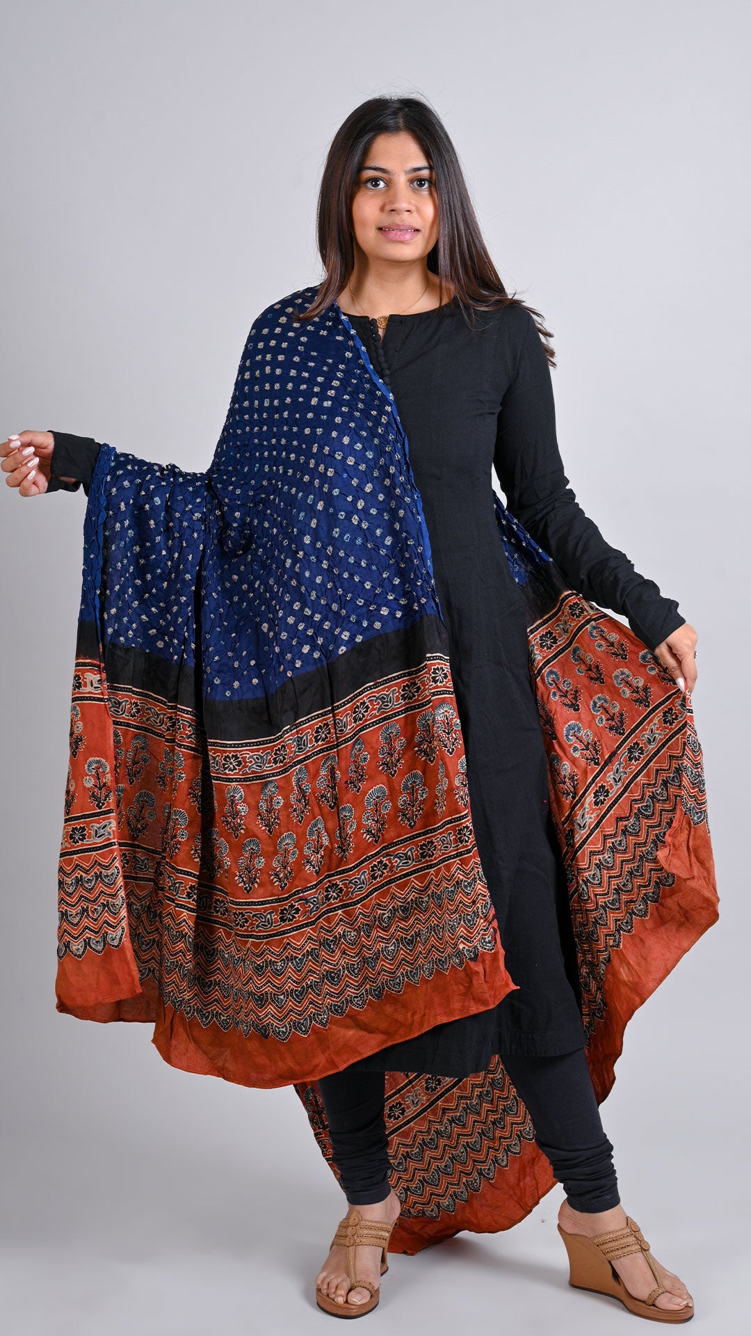 Navy Blue - Maroon Bandhani Ajrakh Dupatta In Modal Silk