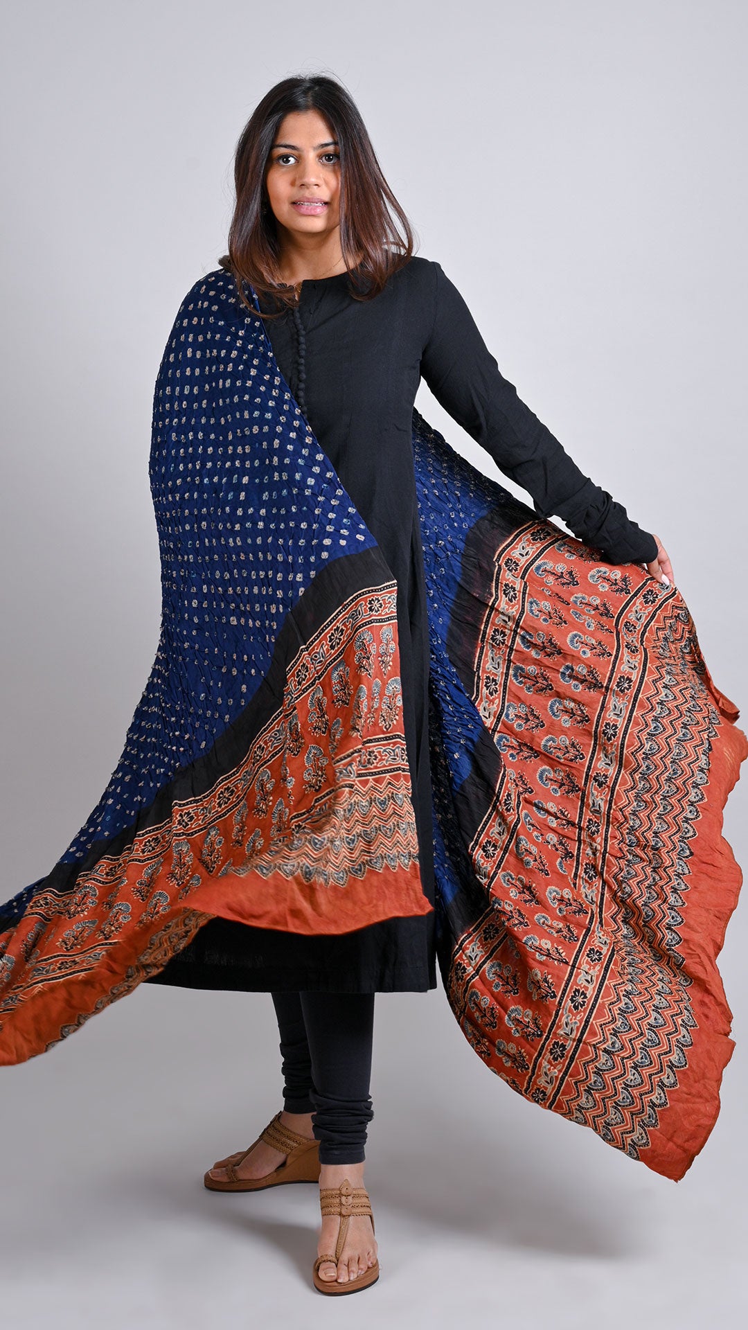 Navy Blue - Maroon Bandhani Ajrakh Dupatta In Modal Silk