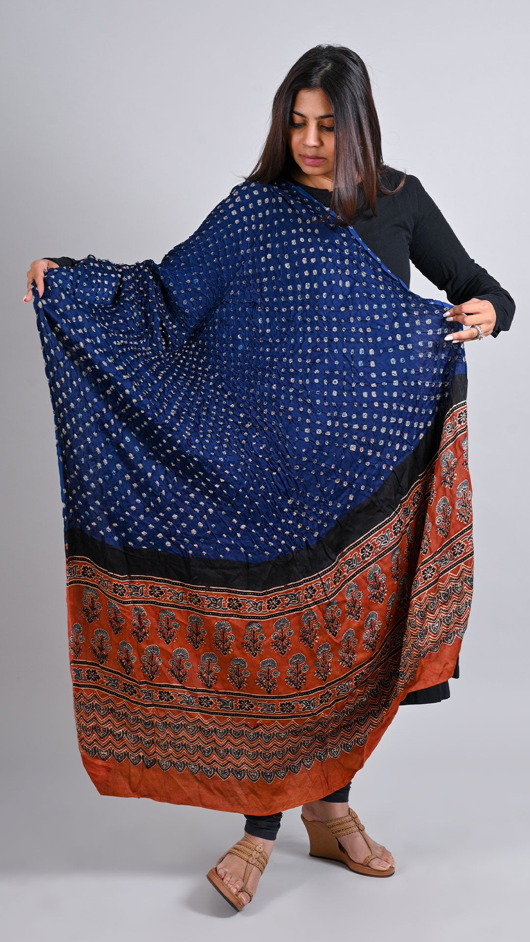 Navy Blue - Maroon Bandhani Ajrakh Dupatta In Modal Silk