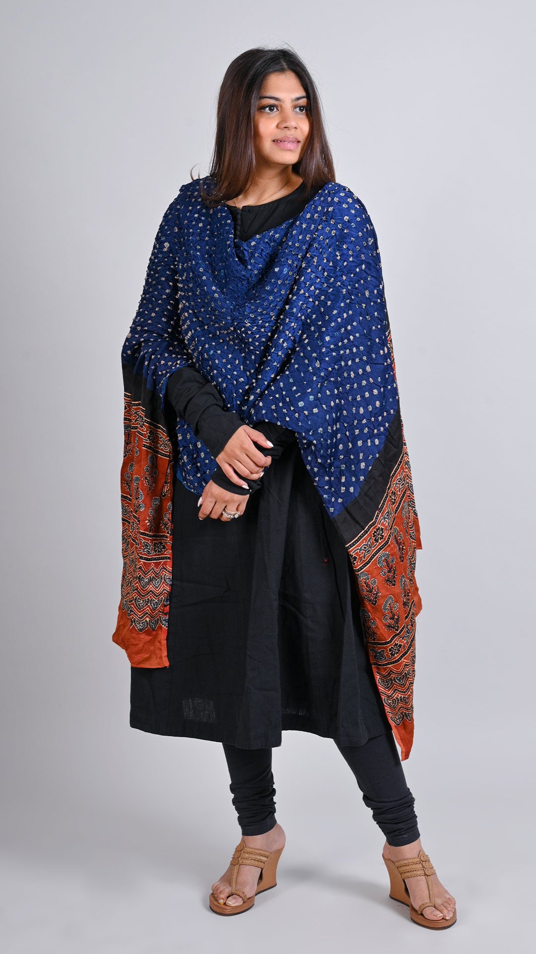 Navy Blue - Maroon Bandhani Ajrakh Dupatta In Modal Silk