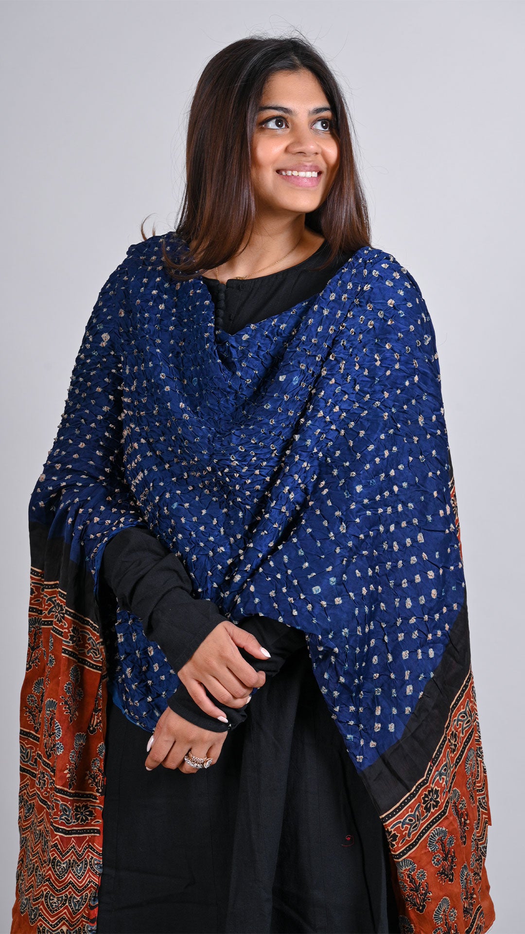 Navy Blue - Maroon Bandhani Ajrakh Dupatta In Modal Silk