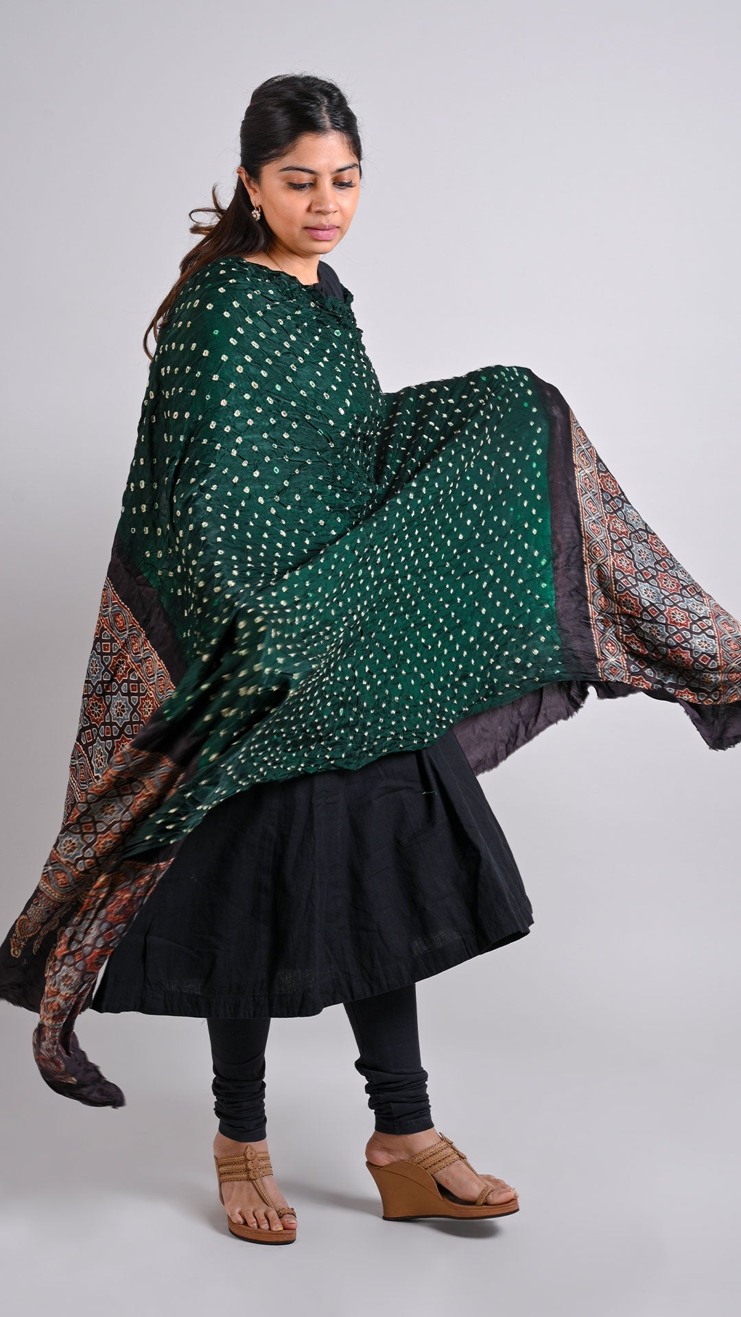 Bottle Green - Black Bandhani Ajrakh Dupatta In Modal Silk