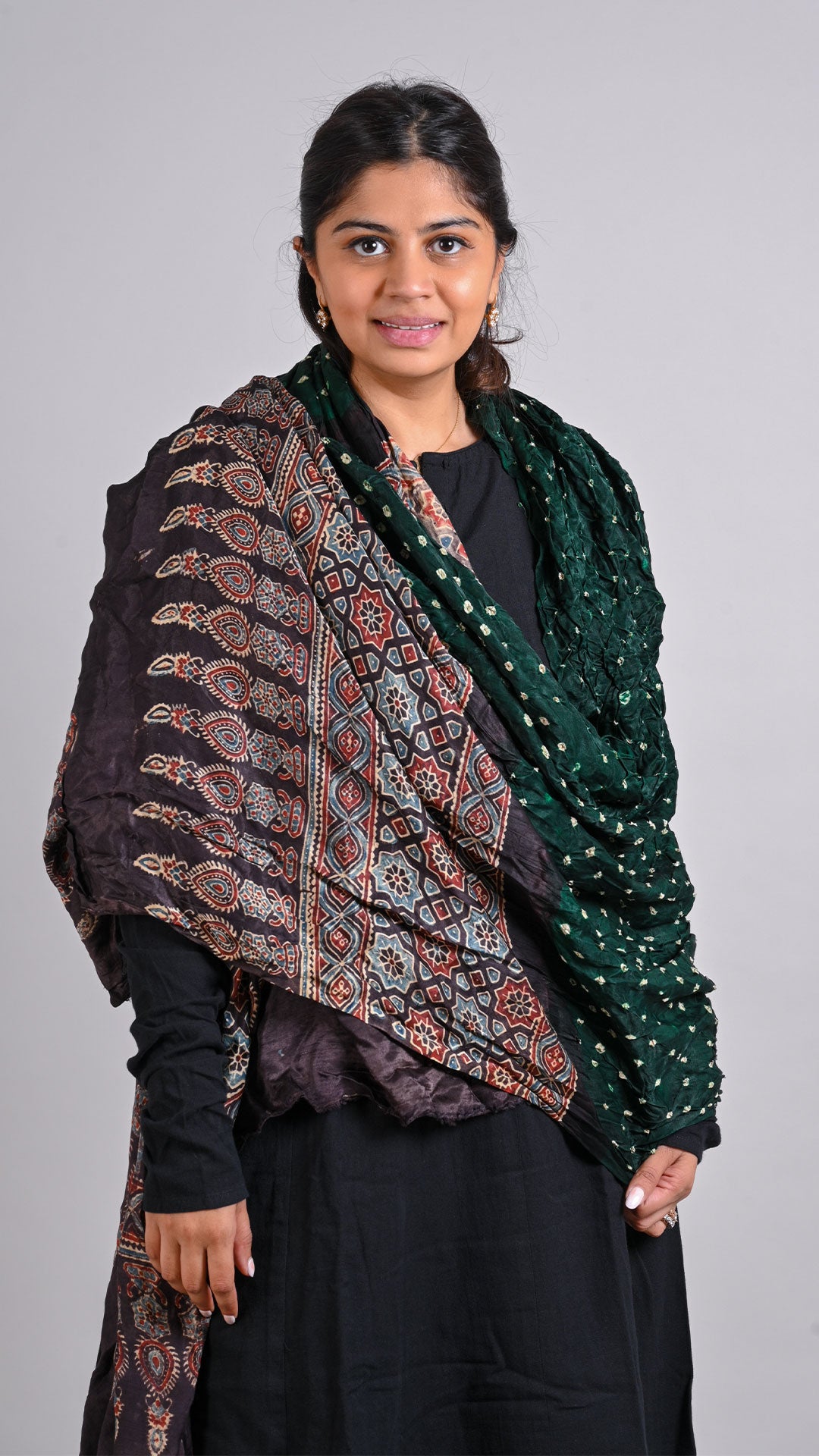 Bottle Green - Black Bandhani Ajrakh Dupatta In Modal Silk