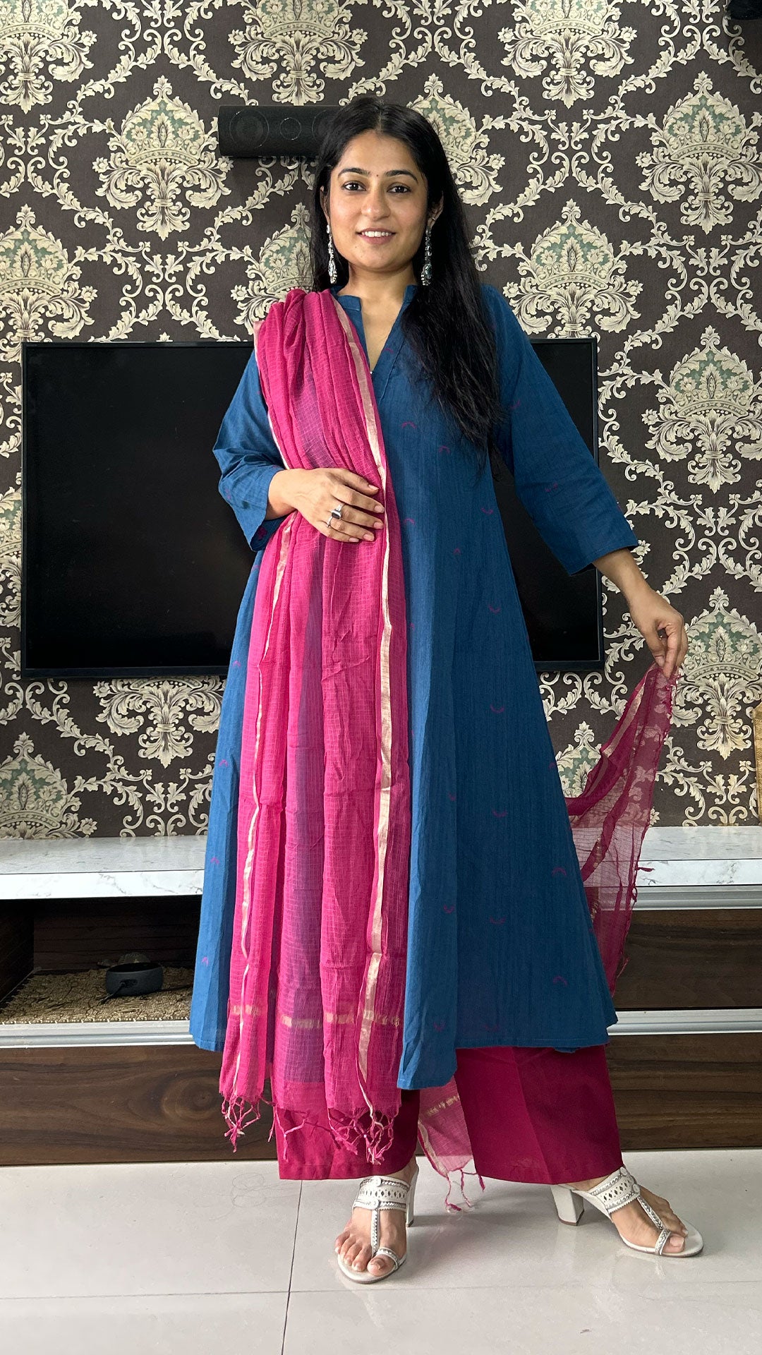 Mirah Chand Motif Hand Woven Kali Cotton Kurta - Blue