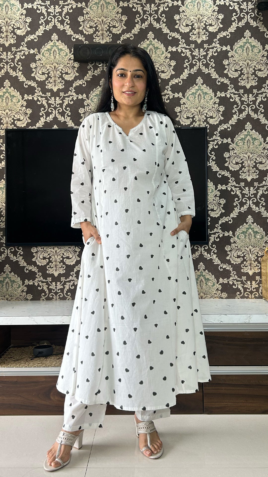 Black Little Hearts - Hand Block Kali Cotton Kurta - Black/White