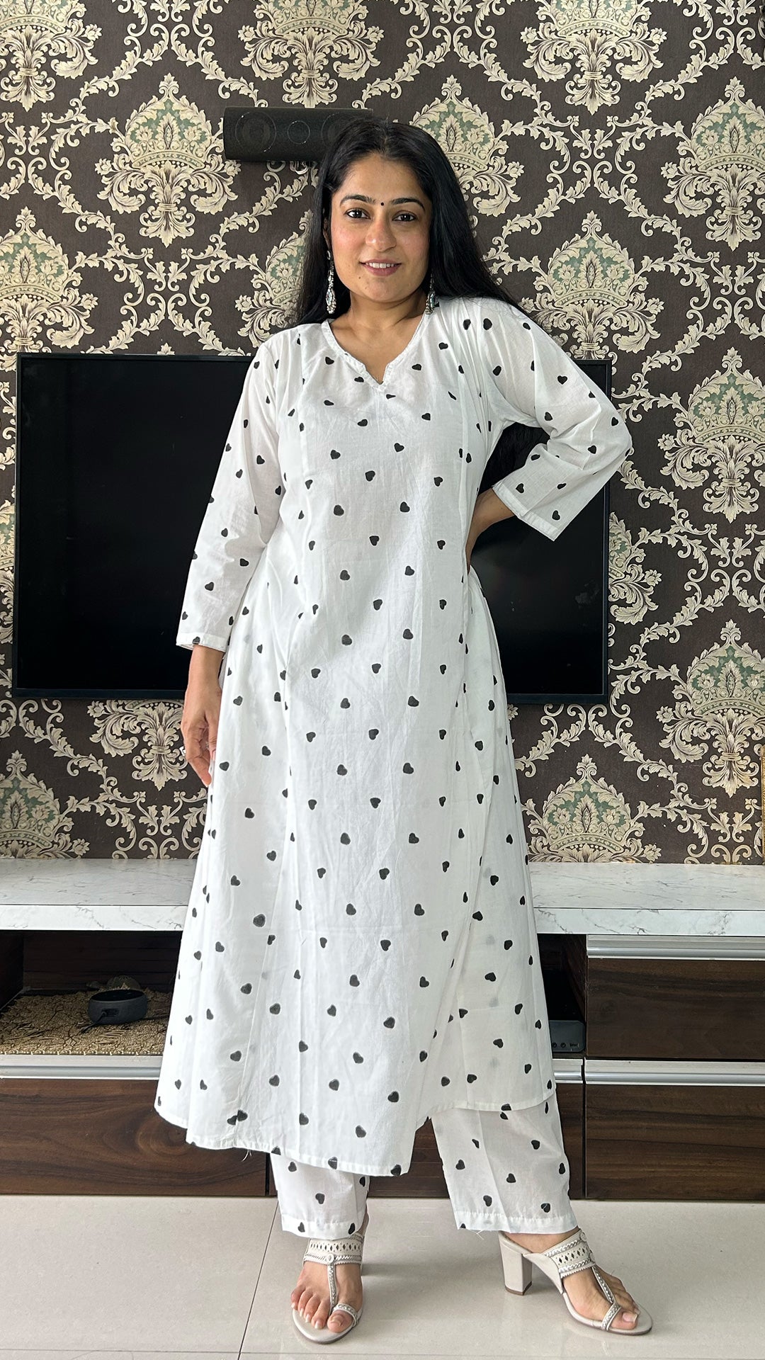 Black Little Hearts - Hand Block Kali Cotton Kurta - Black/White