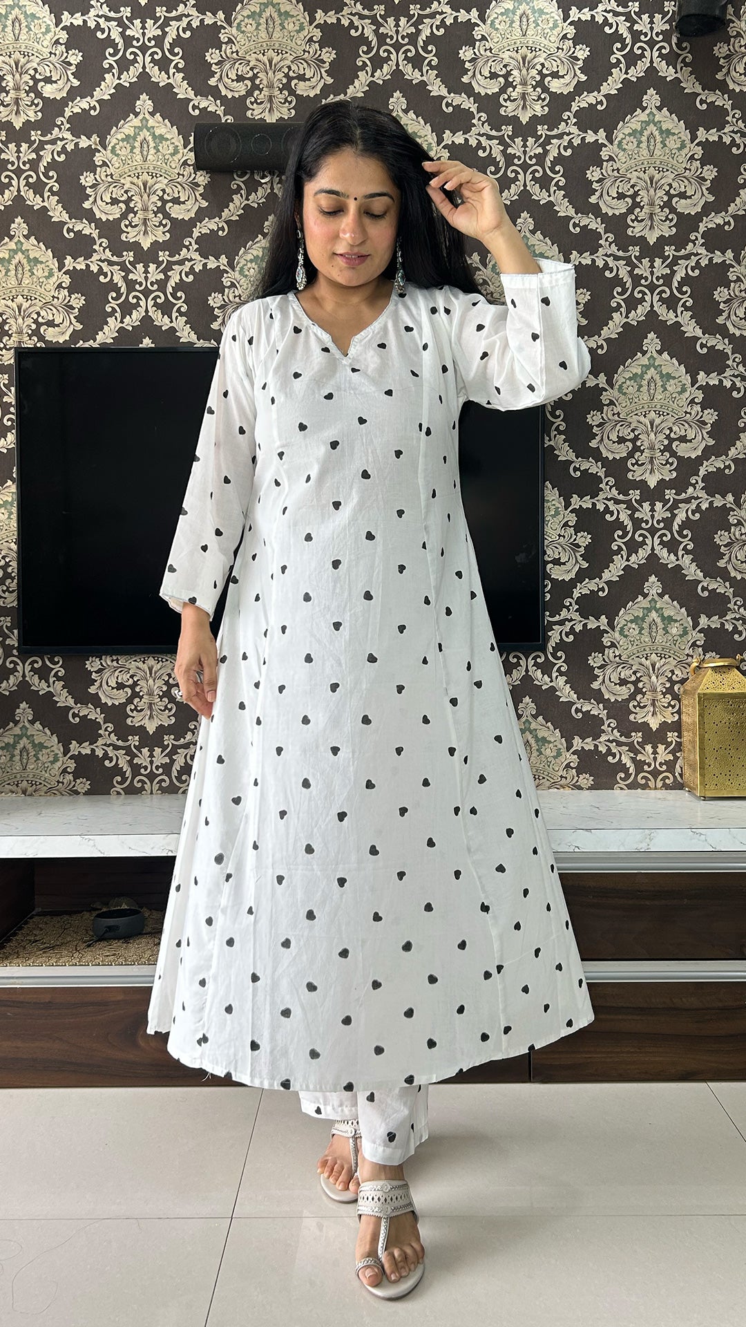 Black Little Hearts - Hand Block Kali Cotton Kurta - Black/White