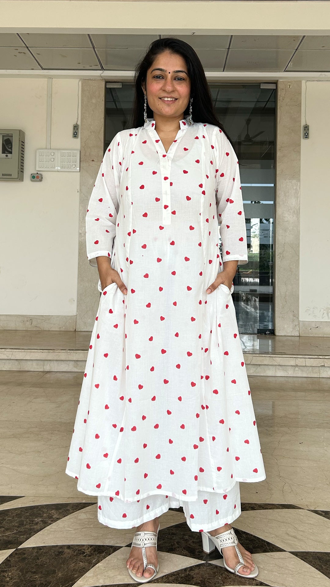 Little Hearts - Hand Block Kali Cotton Kurta - Red/White