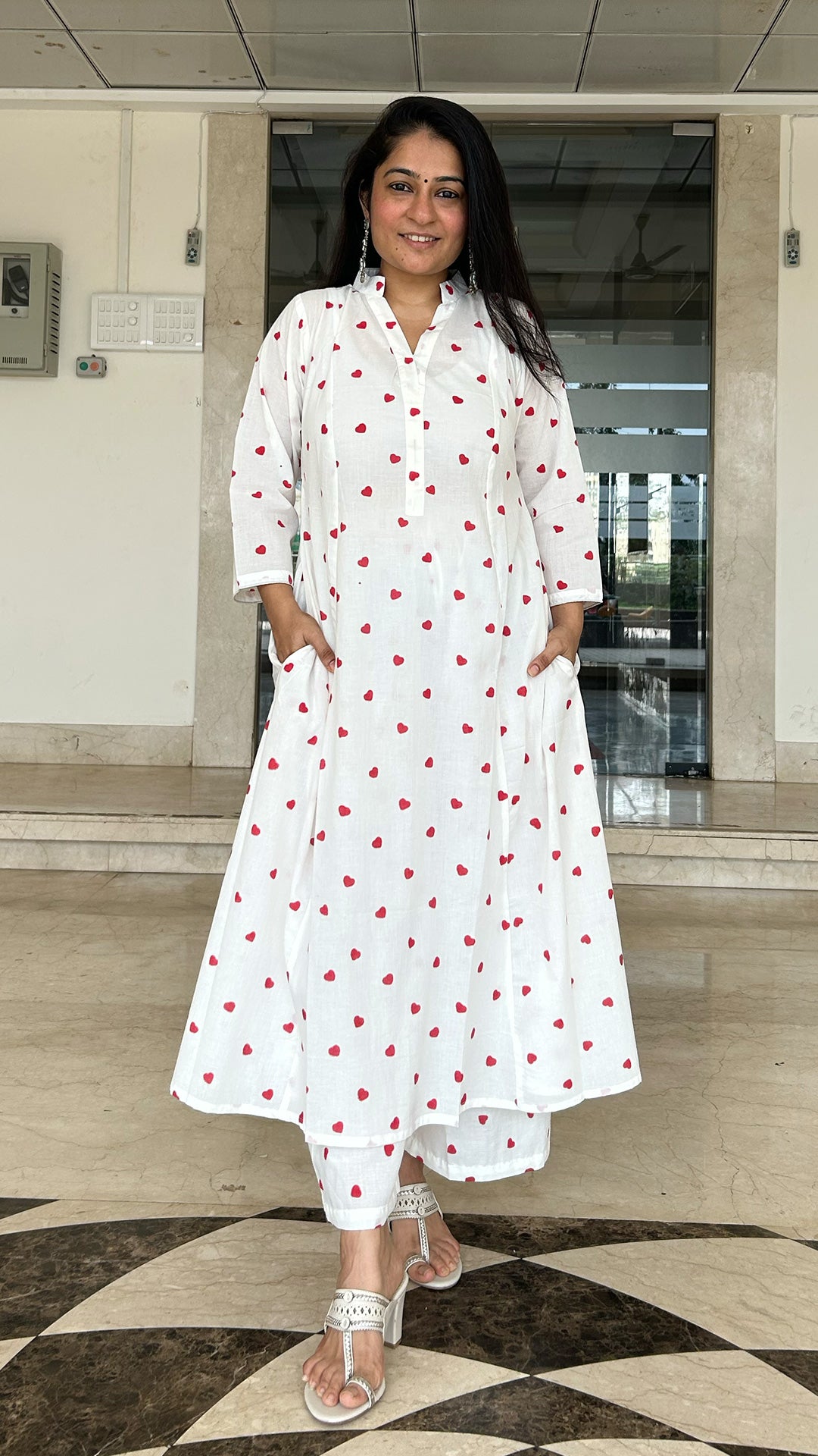 Little Hearts - Hand Block Kali Cotton Kurta - Red/White