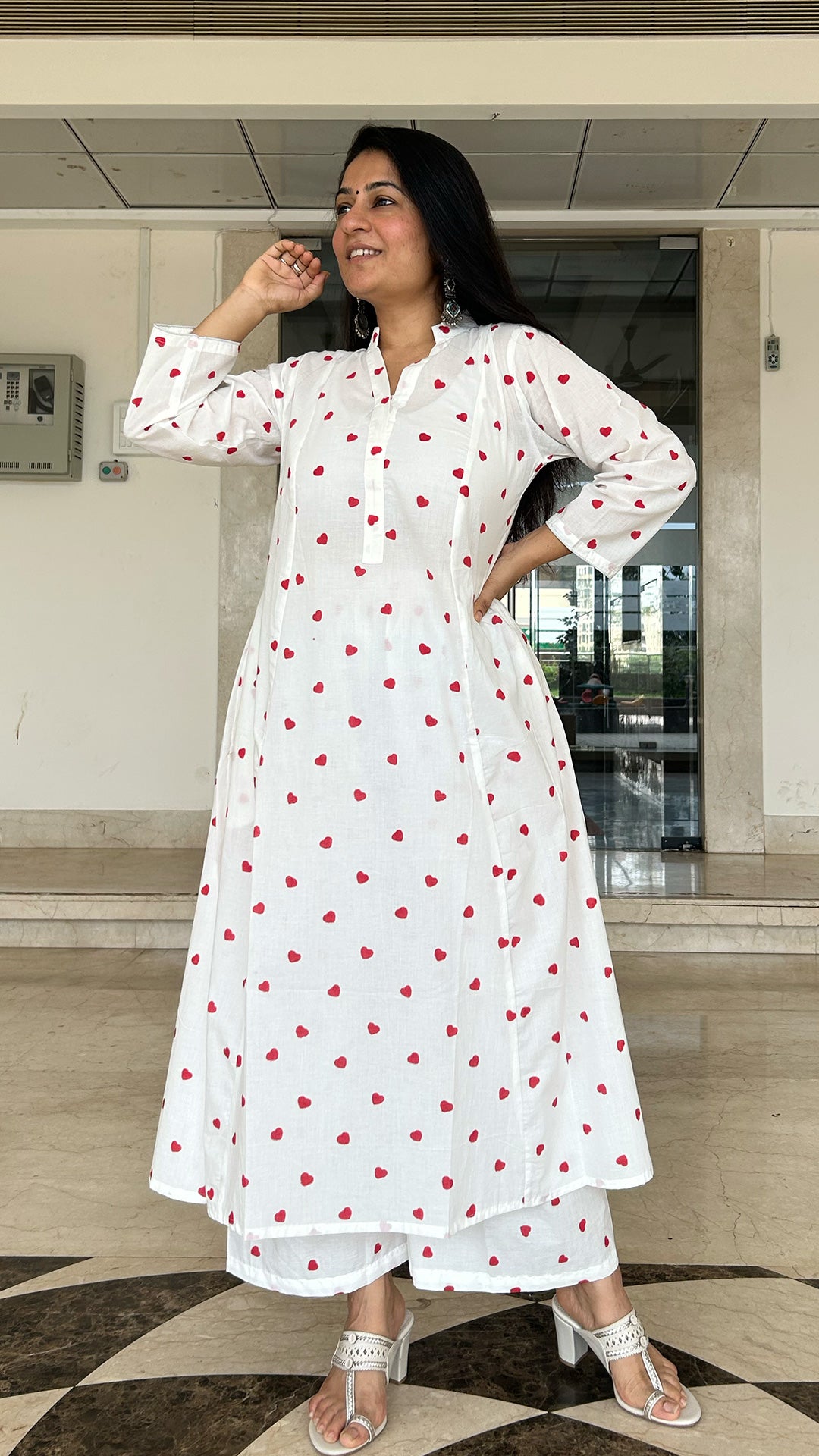 Little Hearts - Hand Block Kali Cotton Kurta - Red/White
