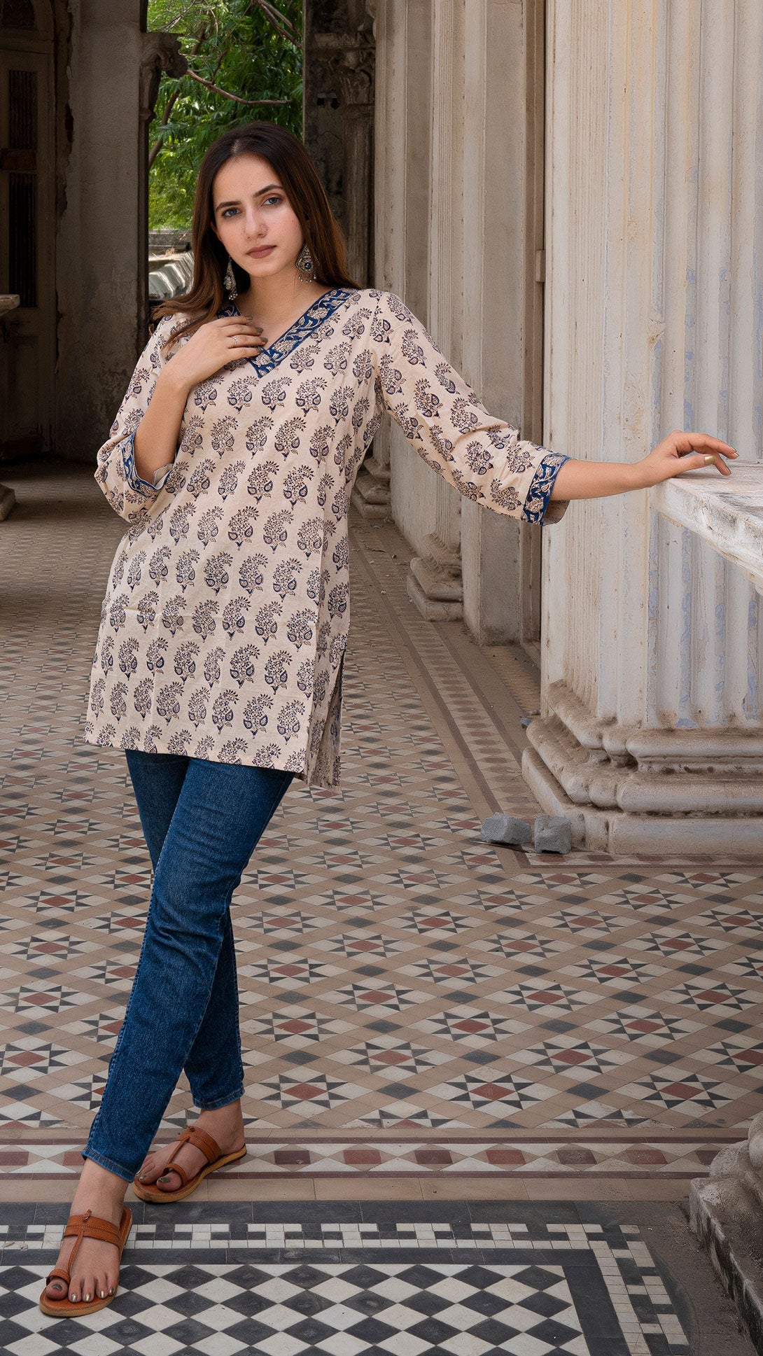 Beige Blue Bagru Butti Short Kurta In Cotton