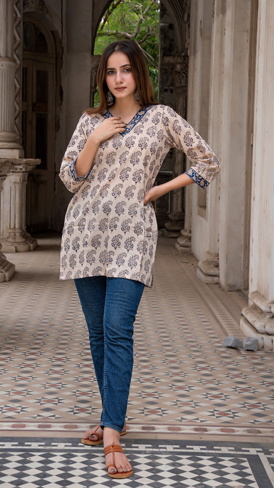 Beige Blue Bagru Butti Short Kurta In Cotton