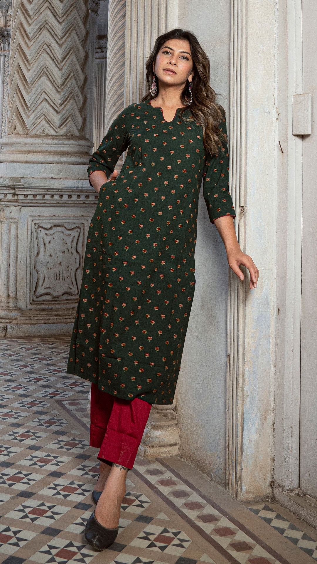 Eta Green & Red Lotus Ajrakh Natural Dyed Cotton Kurta