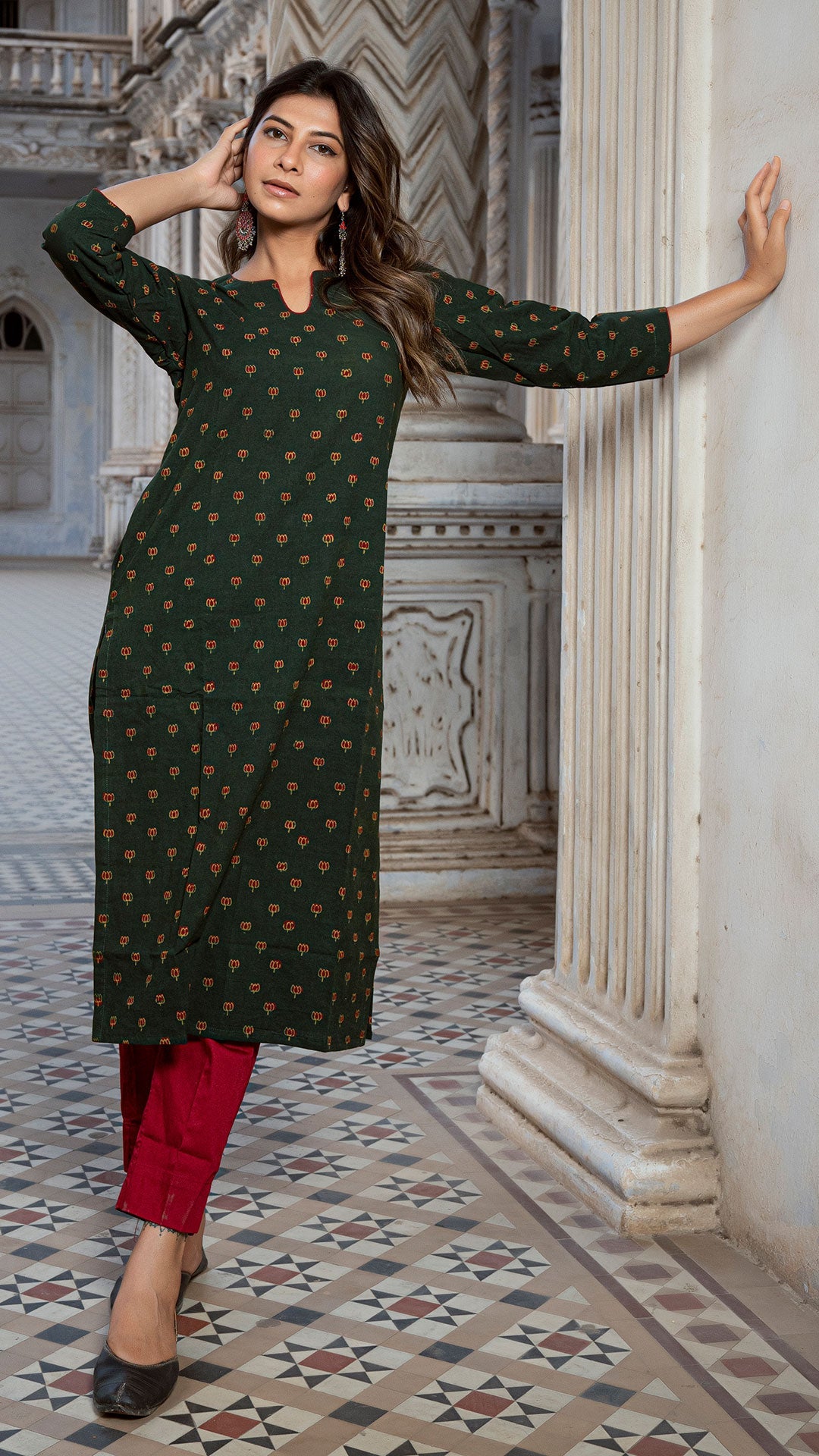 Eta Green & Red Lotus Ajrakh Natural Dyed Cotton Kurta