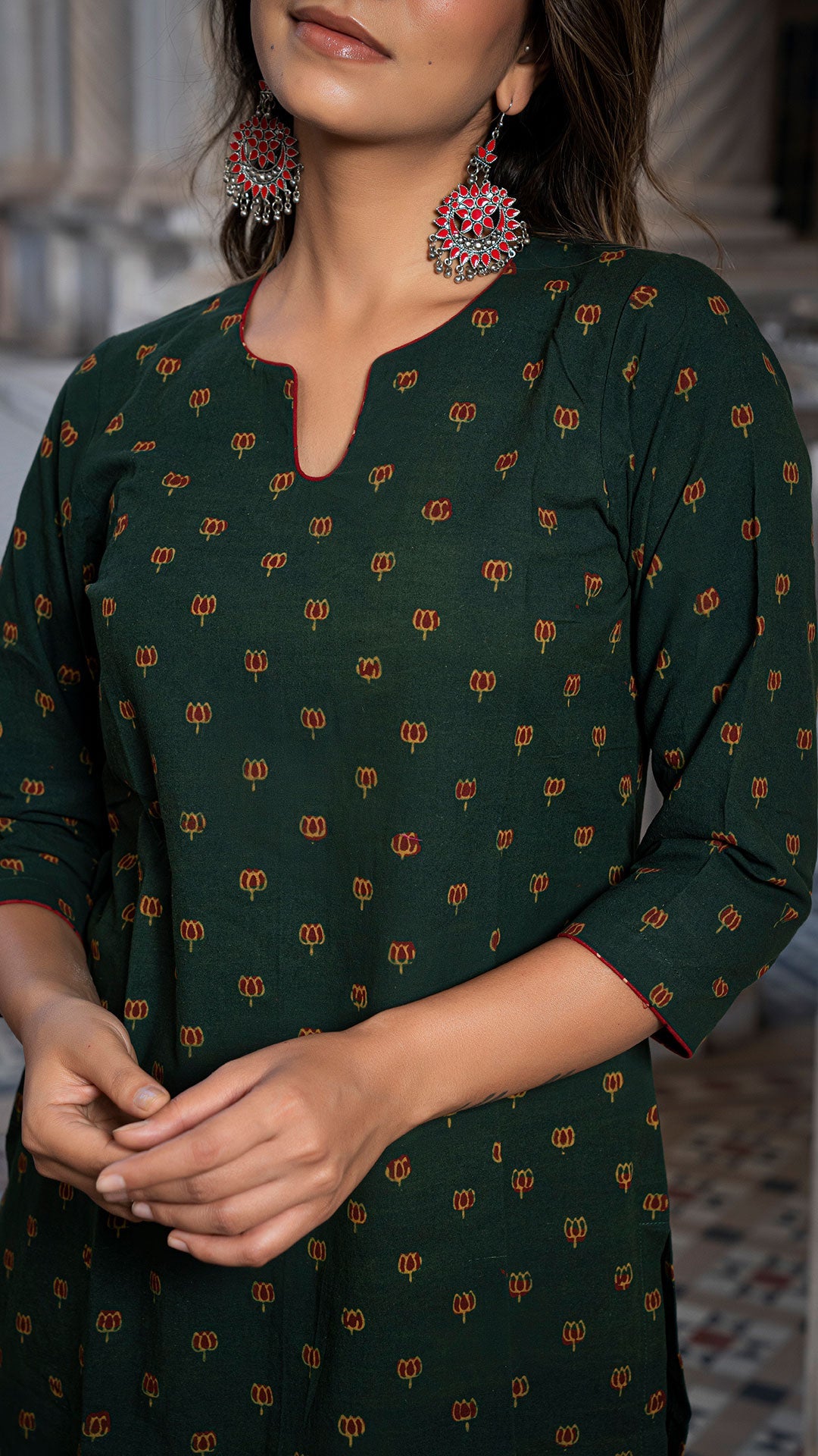 Eta Green & Red Lotus Ajrakh Natural Dyed Cotton Kurta