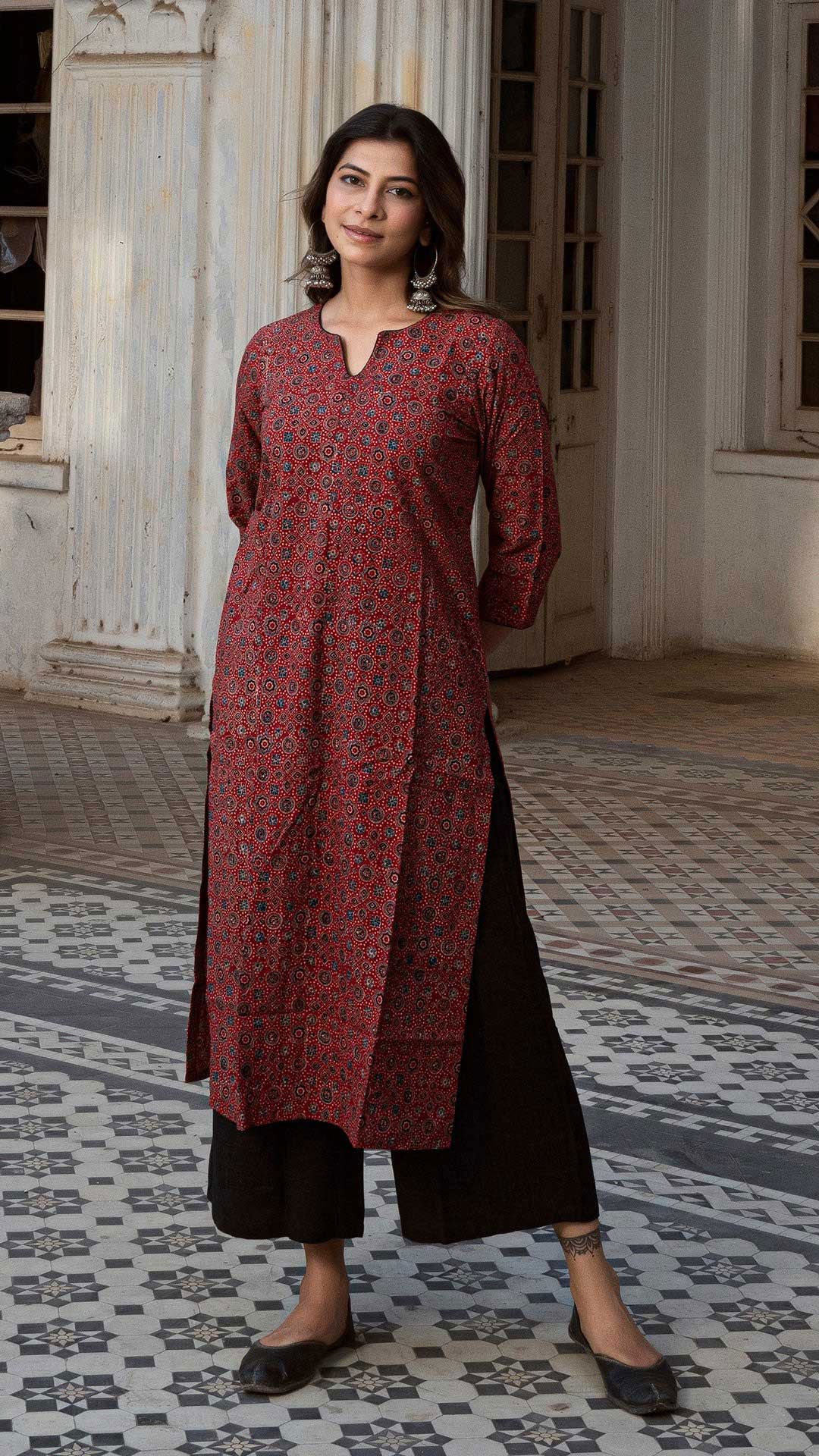 Aadhvitha Red Ajarakh Hand Block Cotton Kurta