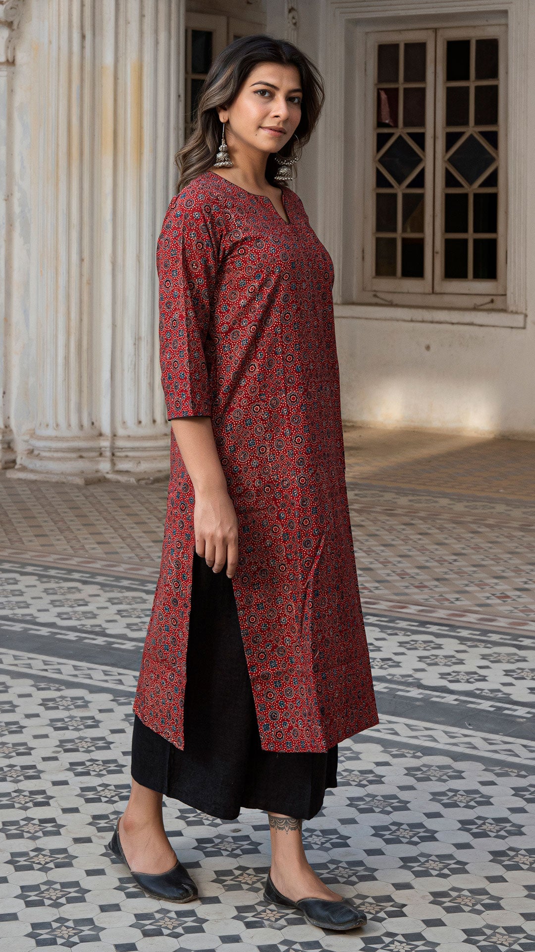 Aadhvitha Red Ajarakh Hand Block Cotton Kurta