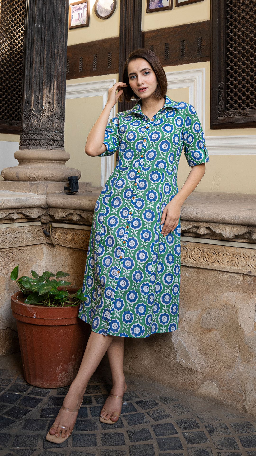 Pahal Sanganeri Hand Block Cotton Shirt Dress In Green