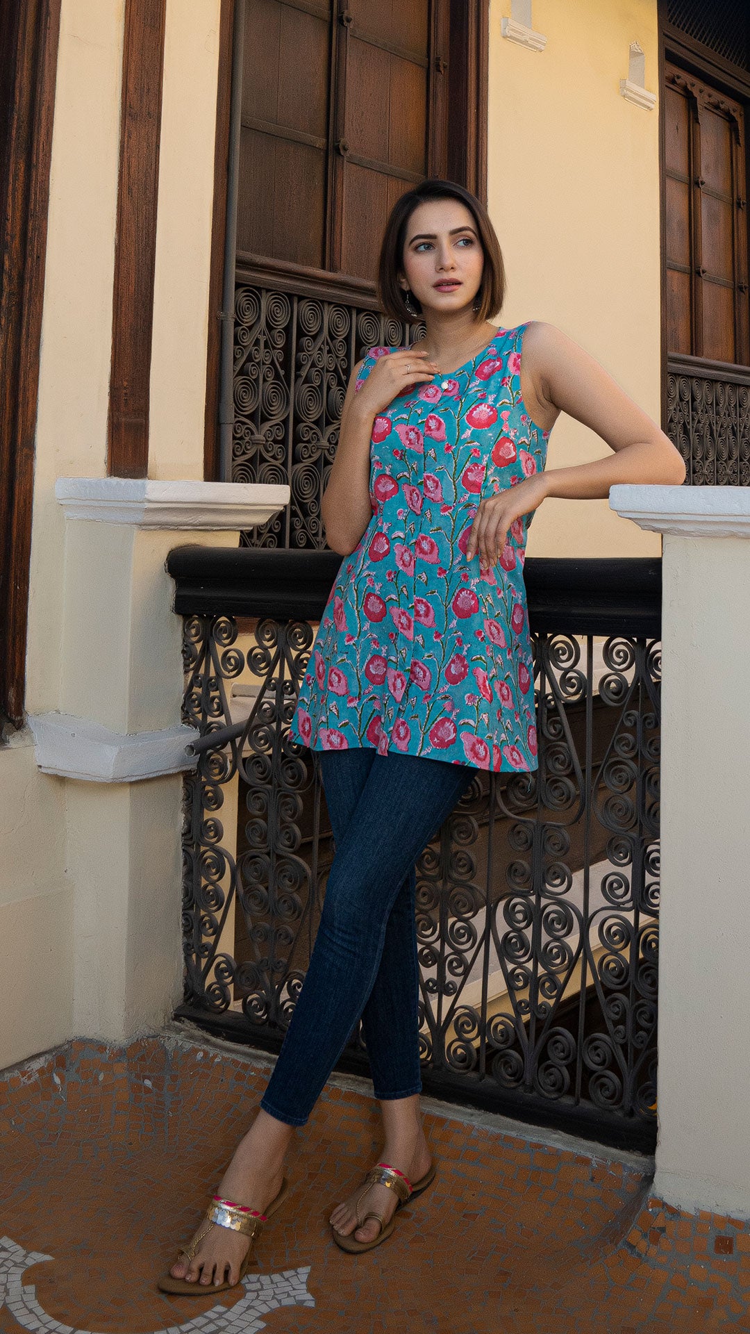 Soha Sanganeri Cotton Peplum Top In Blue