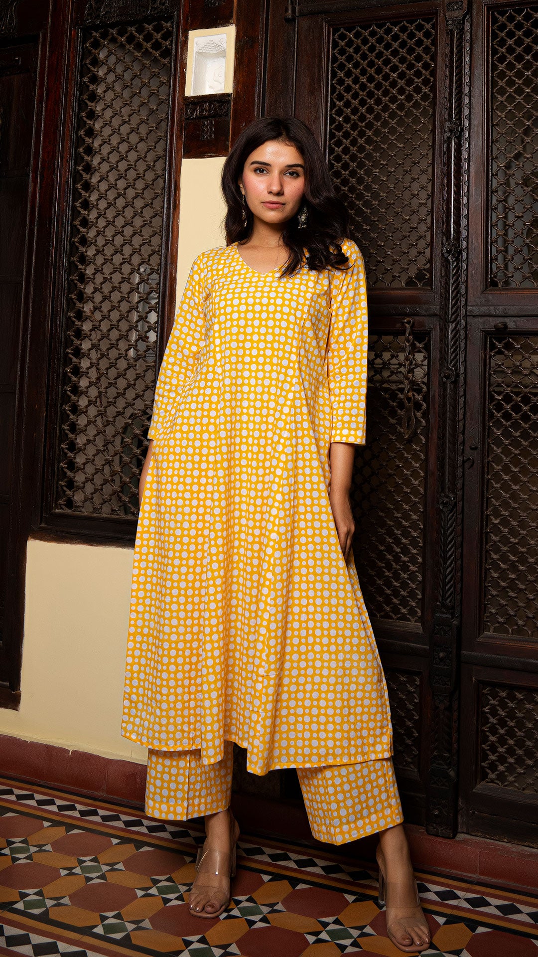 Yellow Polka Dots Sanganeri Hand Block Cotton Kurta