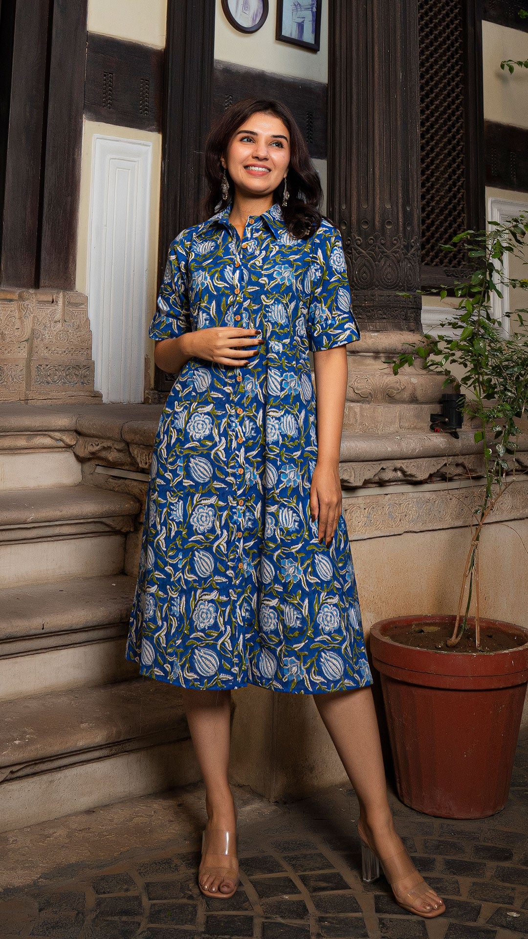 Aahna Sanganeri Hand Block Cotton Shirt Dress In Blue