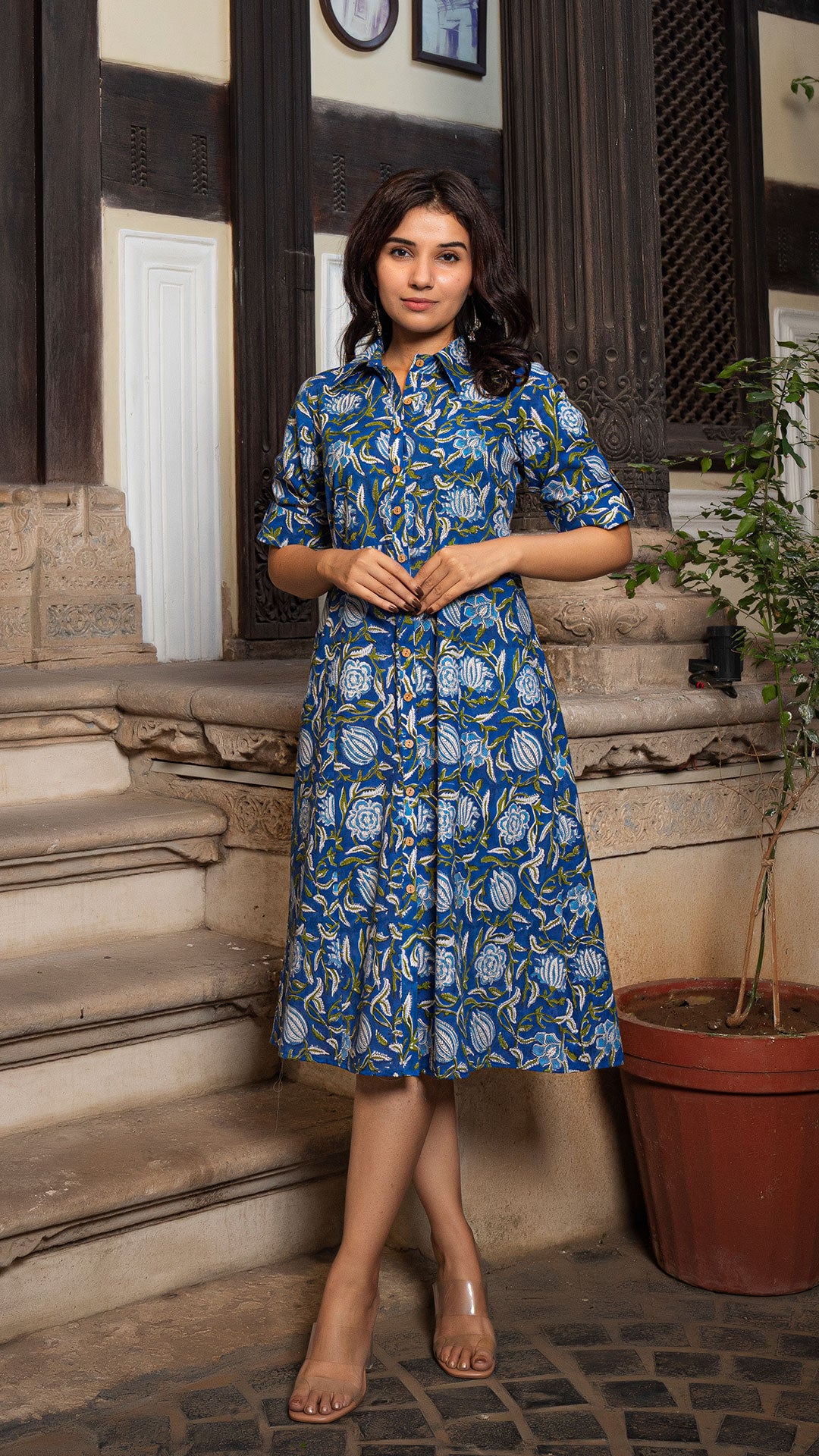 Aahna Sanganeri Hand Block Cotton Shirt Dress In Blue