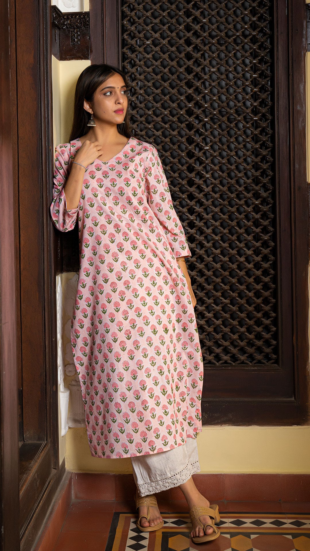 Urmi Sanganeri Hand Block Cotton Kurta In Peach