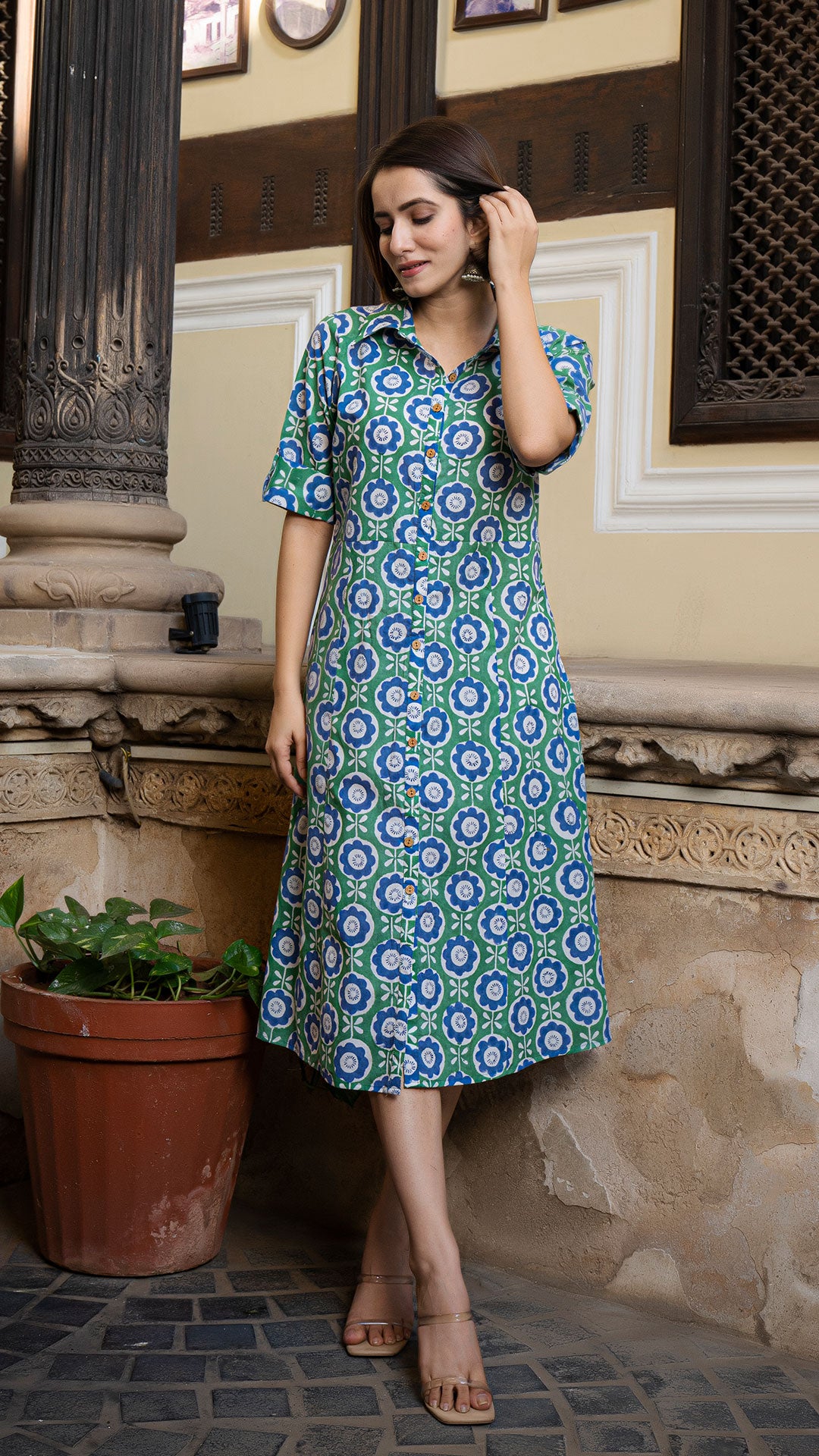 Pahal Sanganeri Hand Block Cotton Shirt Dress In Green