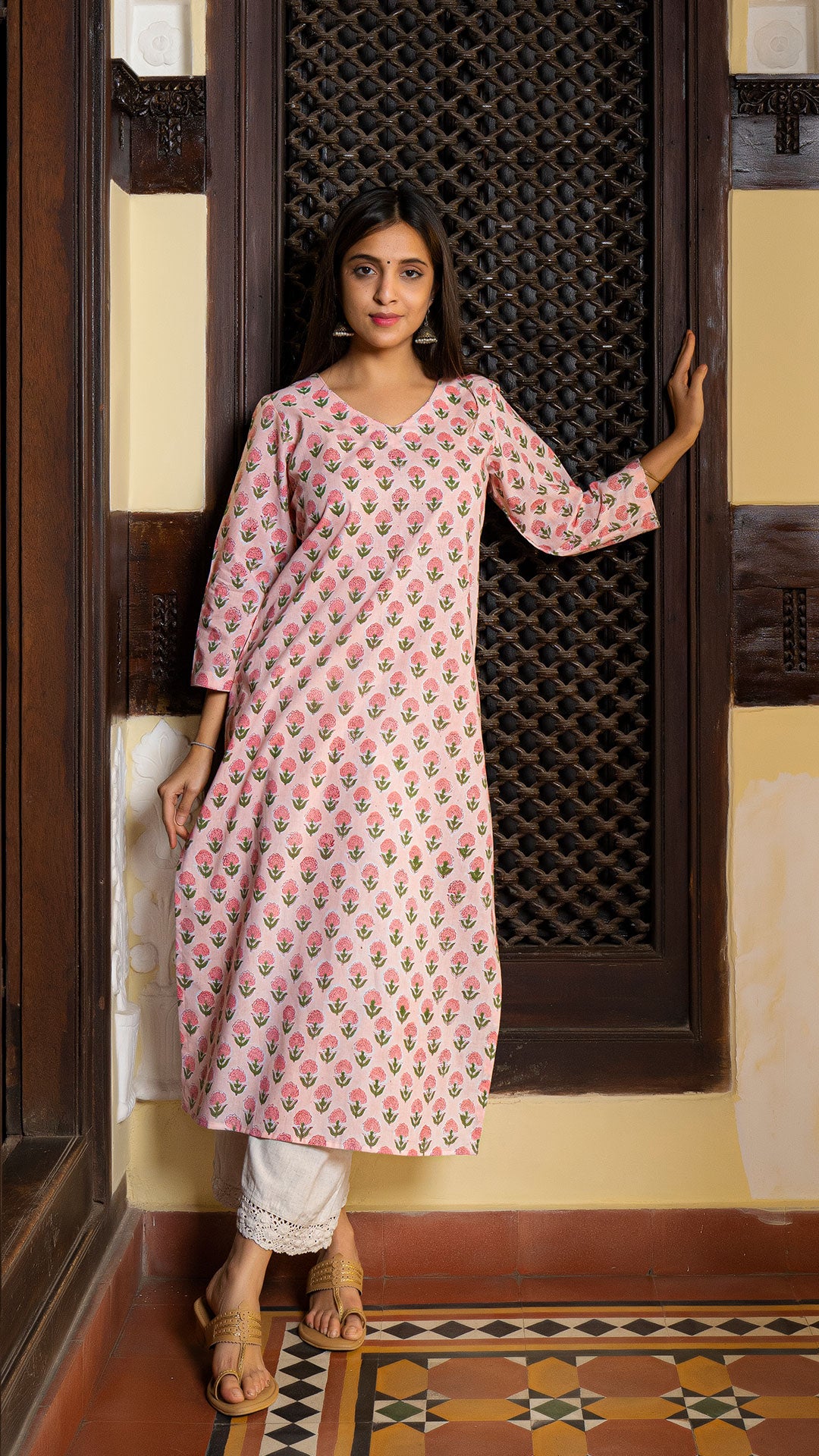 Urmi Sanganeri Hand Block Cotton Kurta In Peach