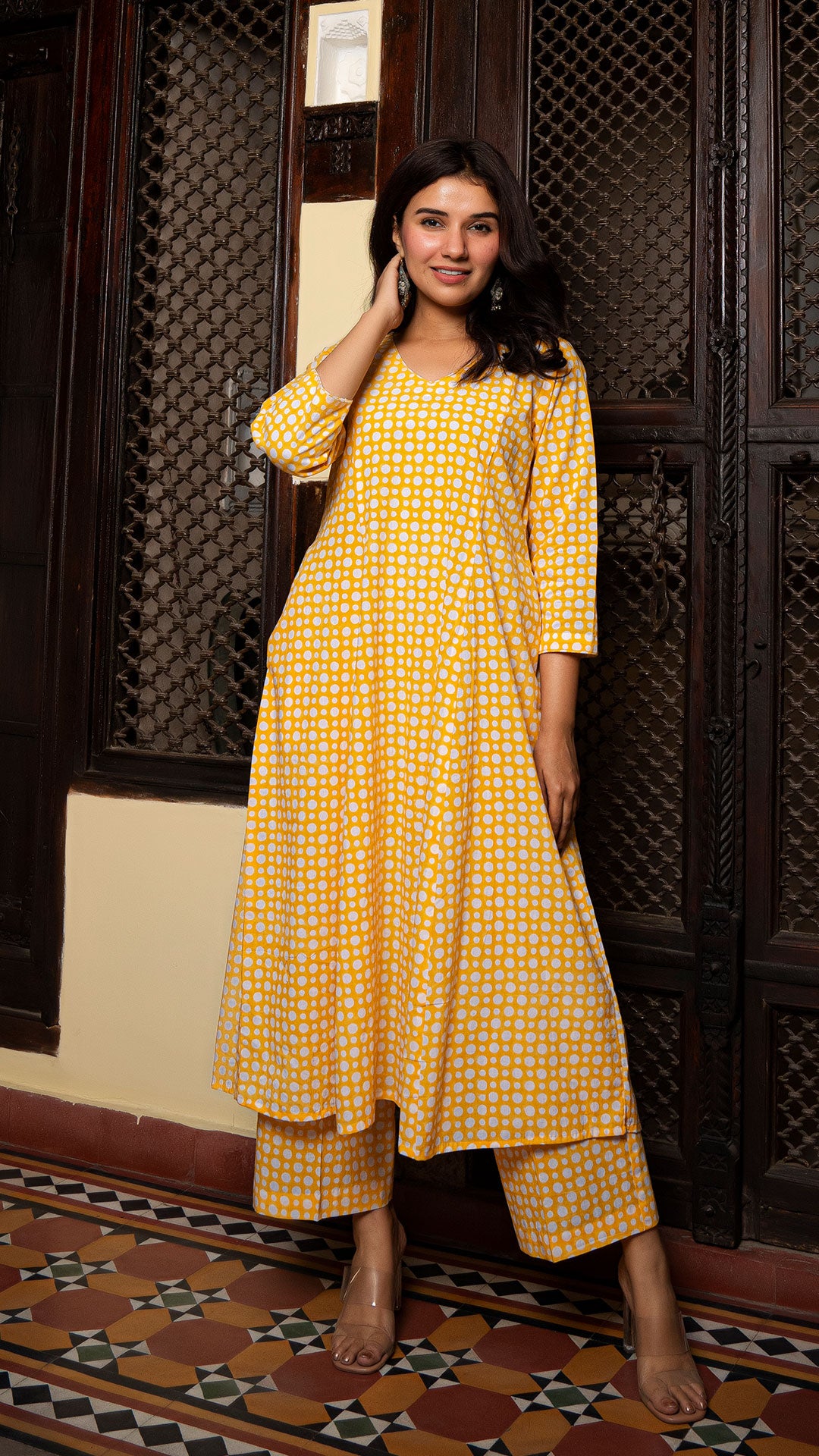 Yellow Polka Dots Sanganeri Hand Block Cotton Kurta