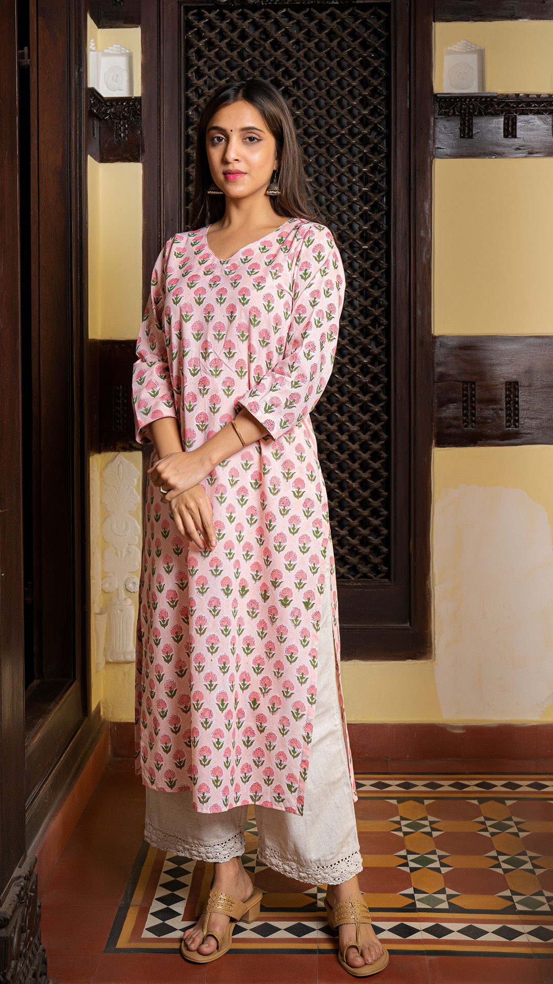 Urmi Sanganeri Hand Block Cotton Kurta In Peach