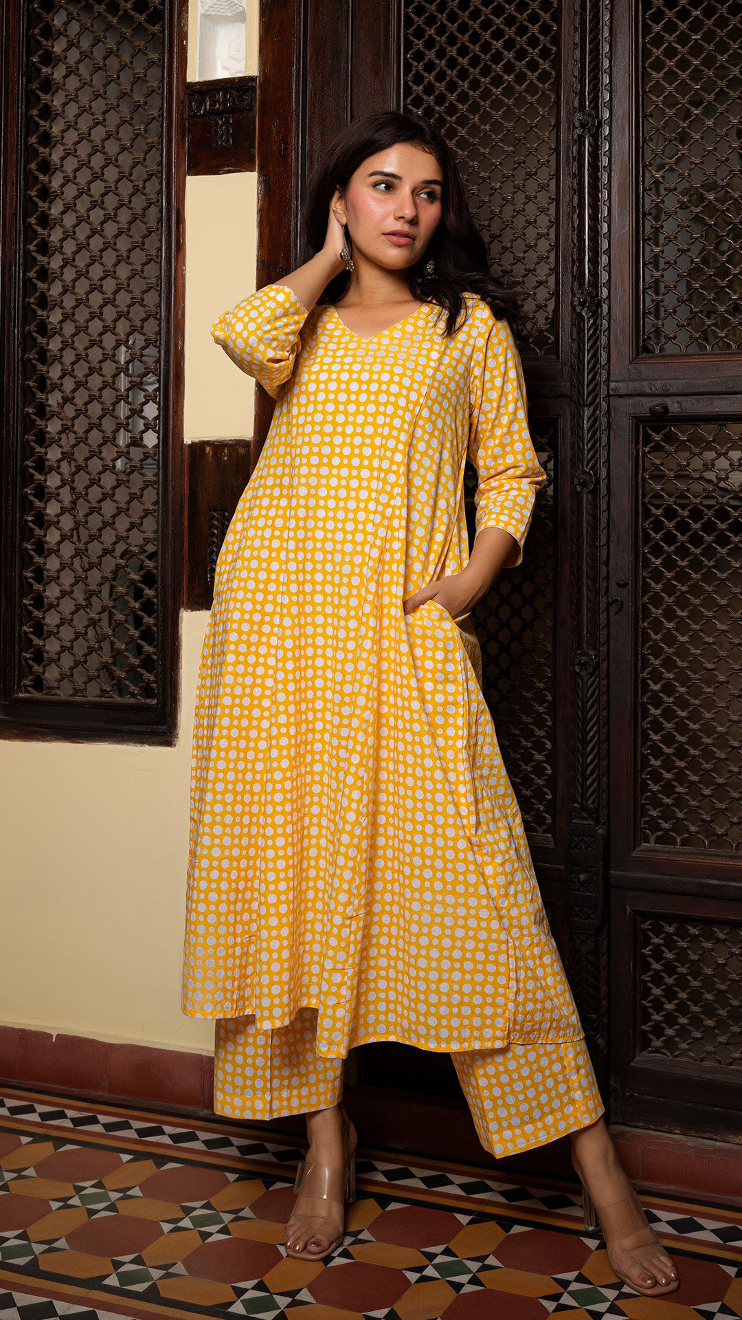 Yellow Polka Dots Sanganeri Hand Block Cotton Kurta