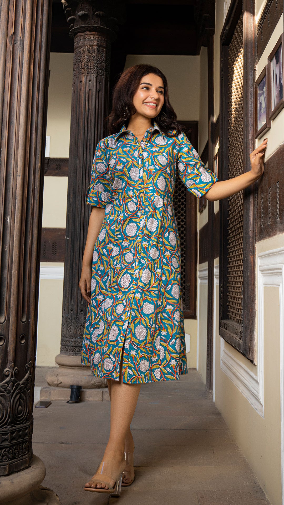 Opal Sanganeri Hand Block Cotton Shirt Dress In Blue