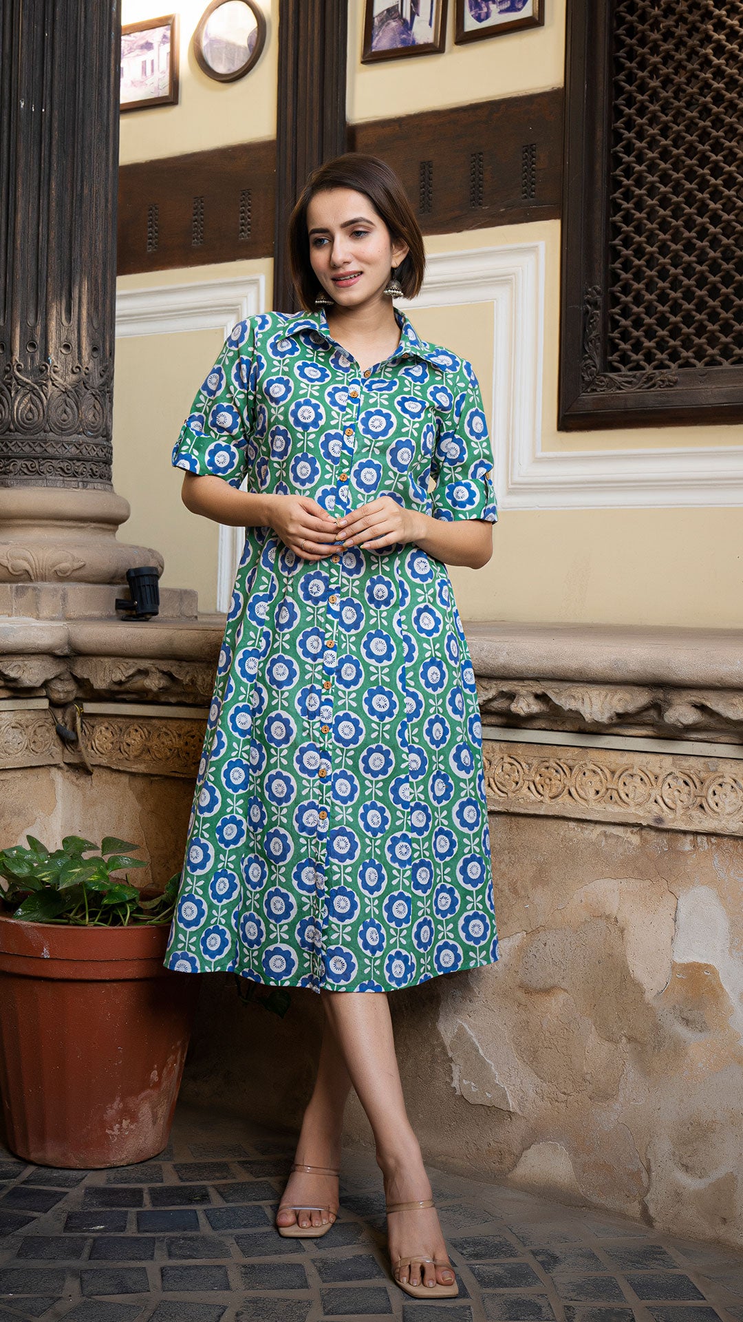 Pahal Sanganeri Hand Block Cotton Shirt Dress In Green