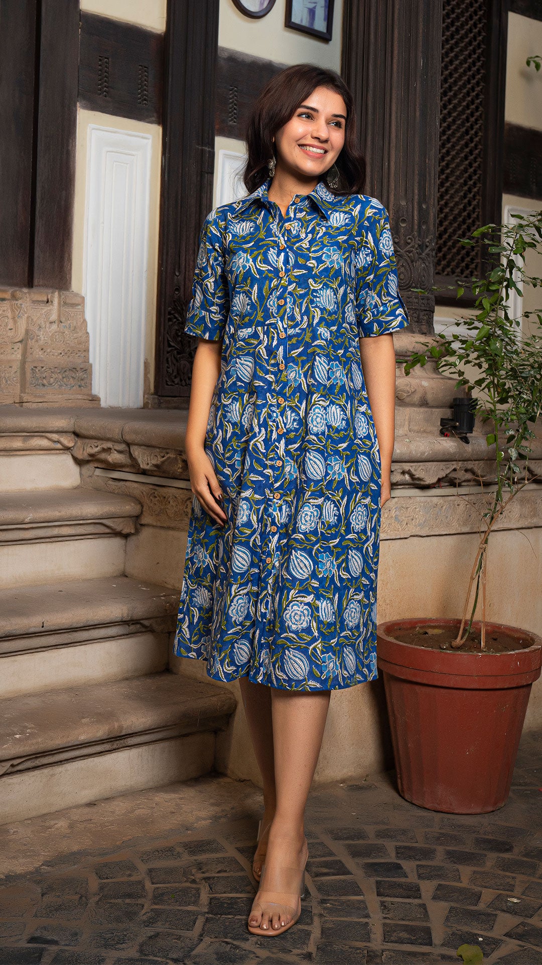 Aahna Sanganeri Hand Block Cotton Shirt Dress In Blue