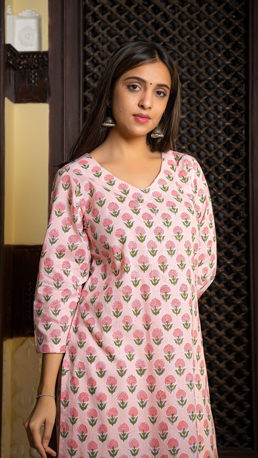 Urmi Sanganeri Hand Block Cotton Kurta In Peach