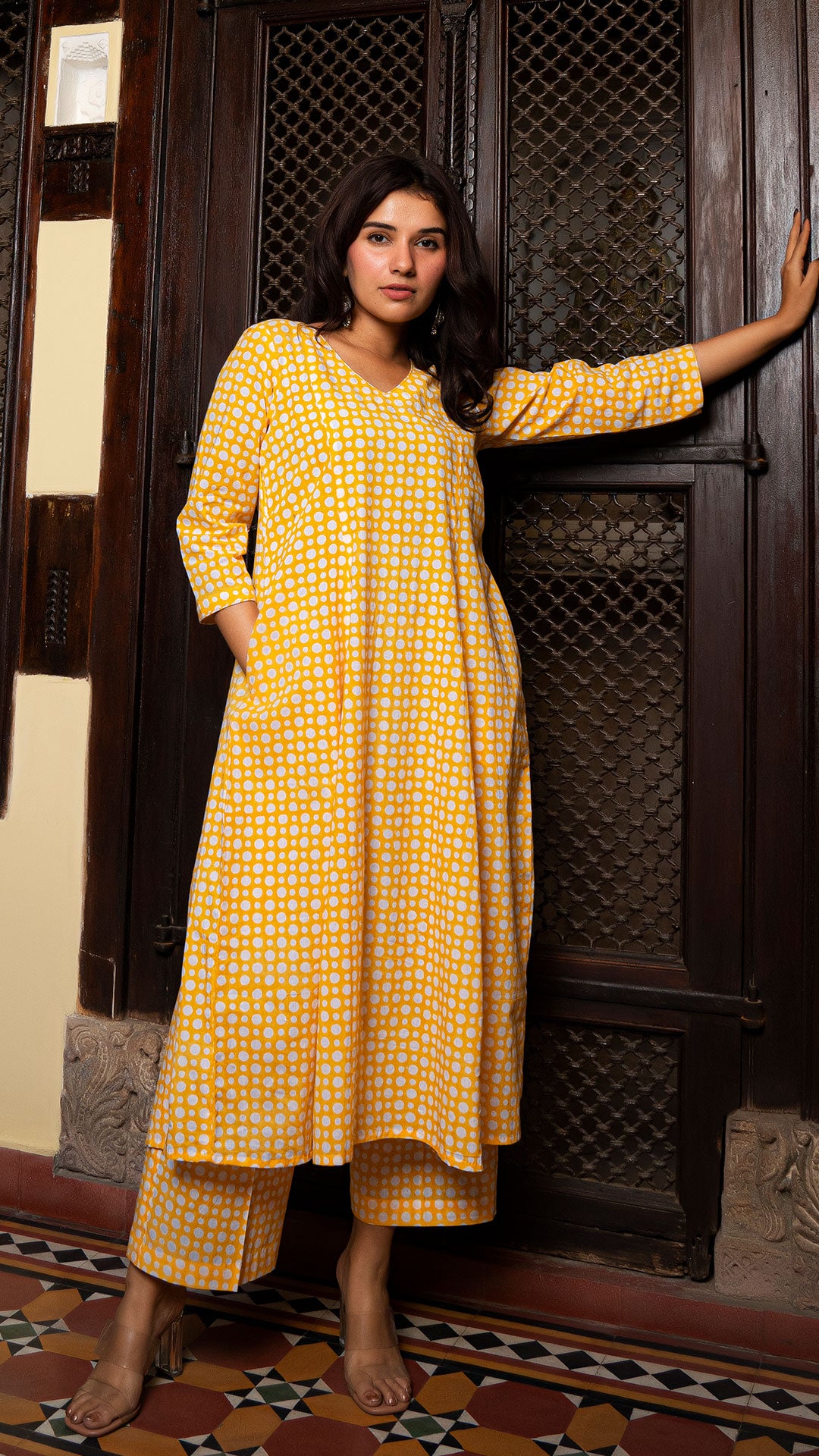 Yellow Polka Dots Sanganeri Hand Block Cotton Kurta